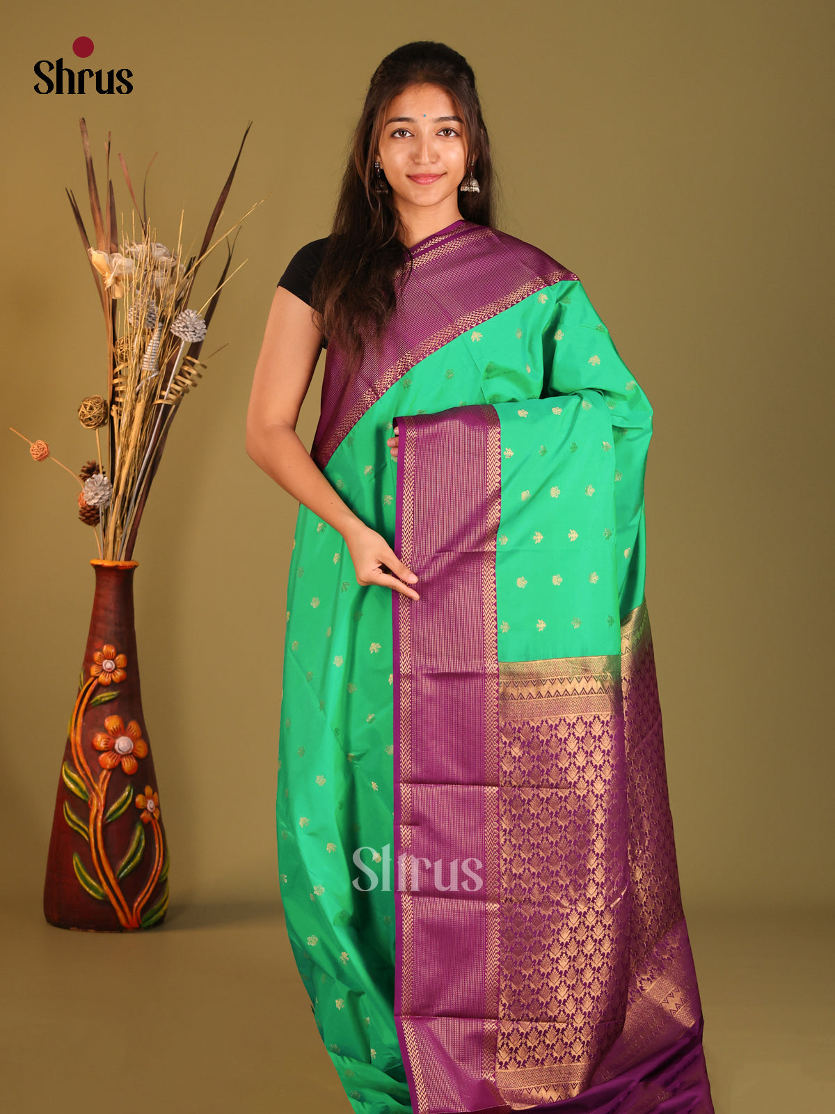 Green & Violet - Semi Kanchipuram Saree - Shop on Shrus.com
