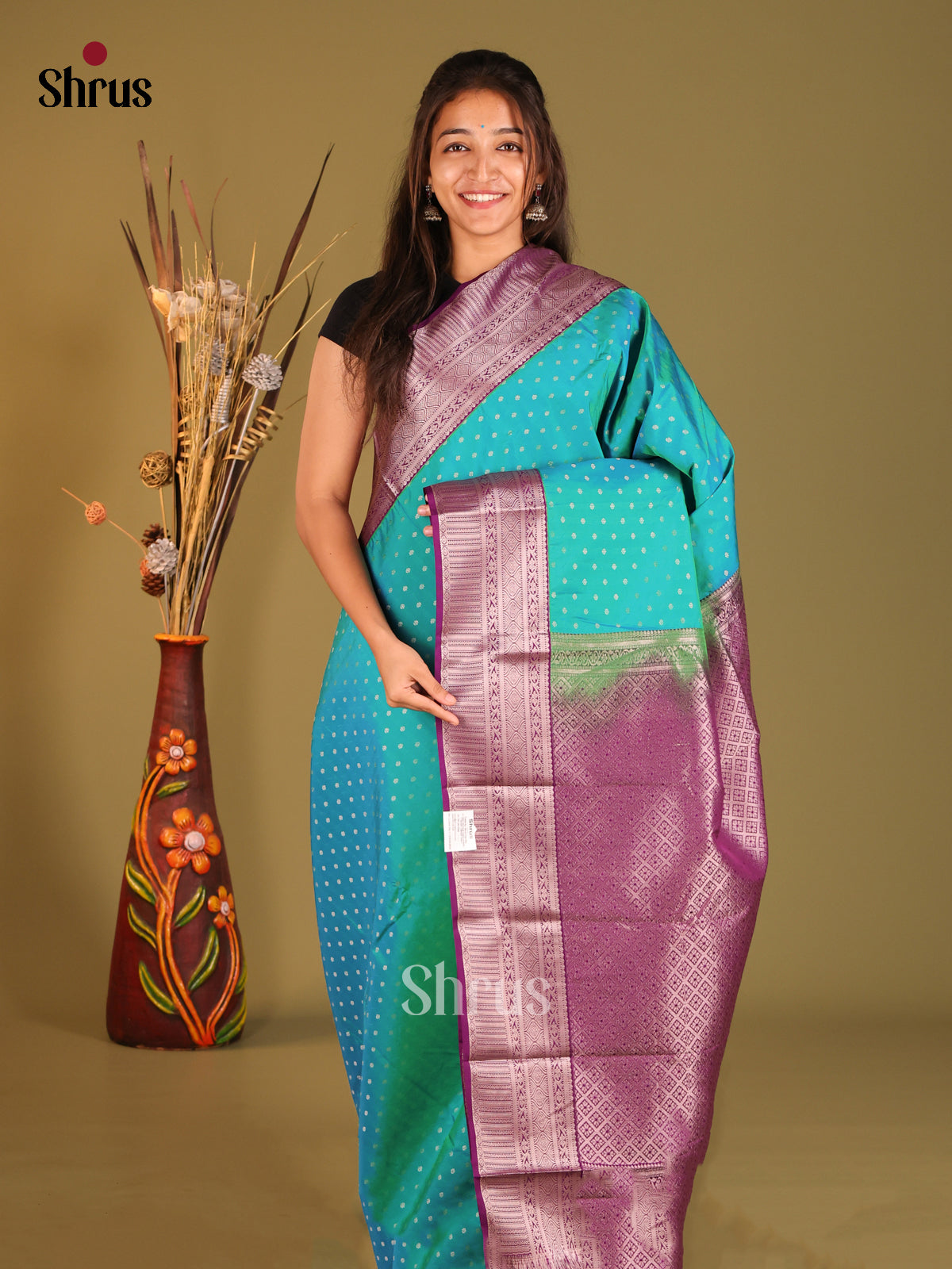 Green & Violet - Semi Kanchipuram Saree - Shop on Shrus.com