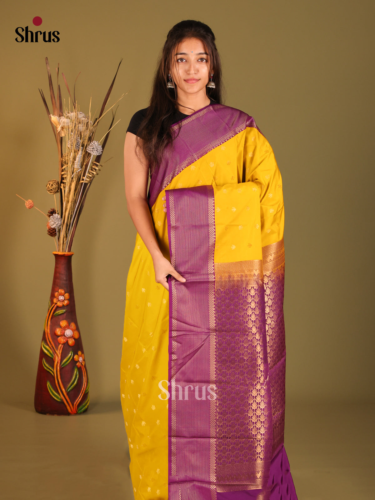 Yellow & Violet- Semi Kanchipuram Saree - Shop on Shrus.com