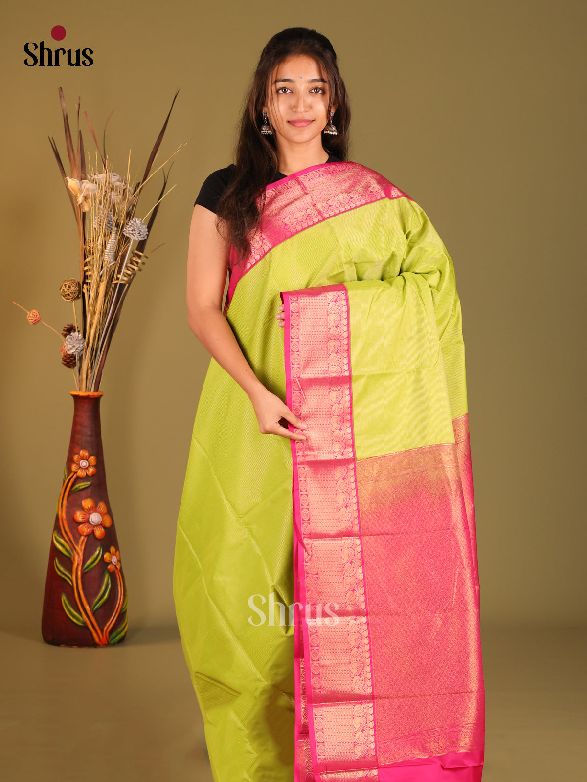 Light Green & Pink- Semi Kanchipuram Saree - Shop on Shrus.com