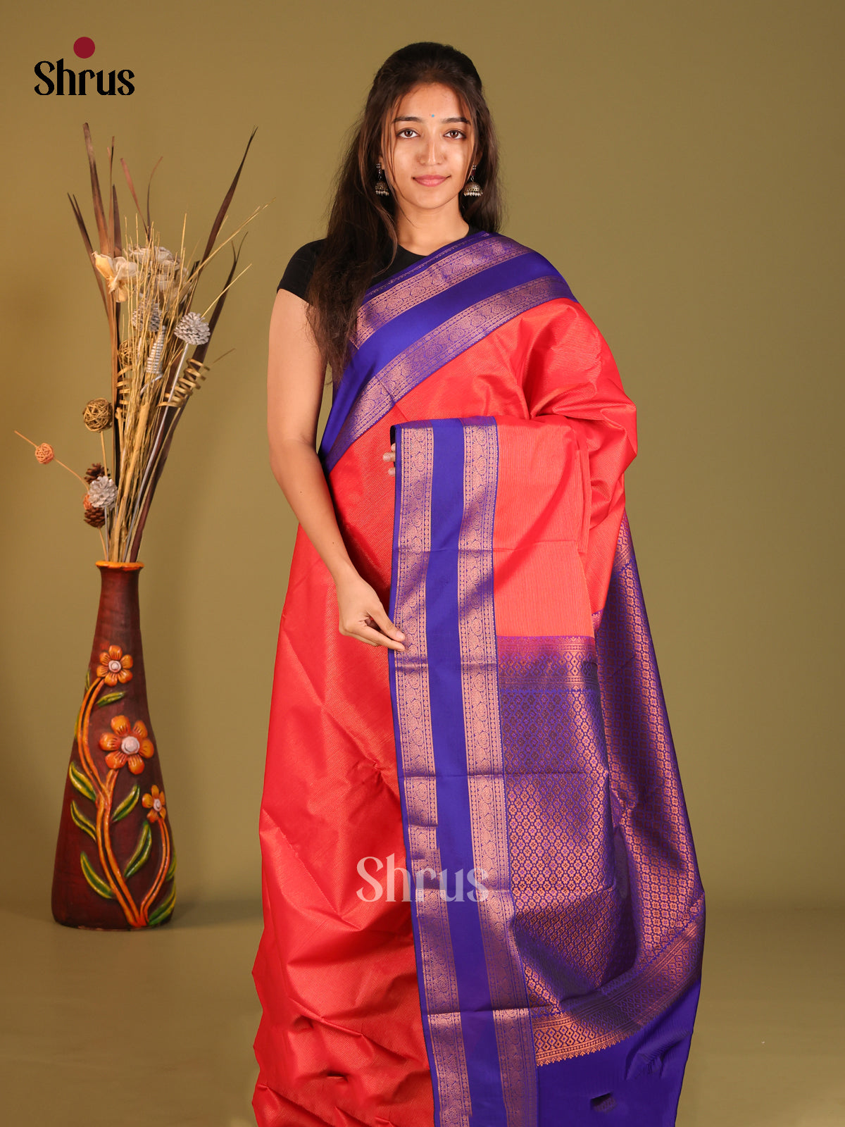 Red & Blue- Semi Kanchipuram Saree - Shop on Shrus.com
