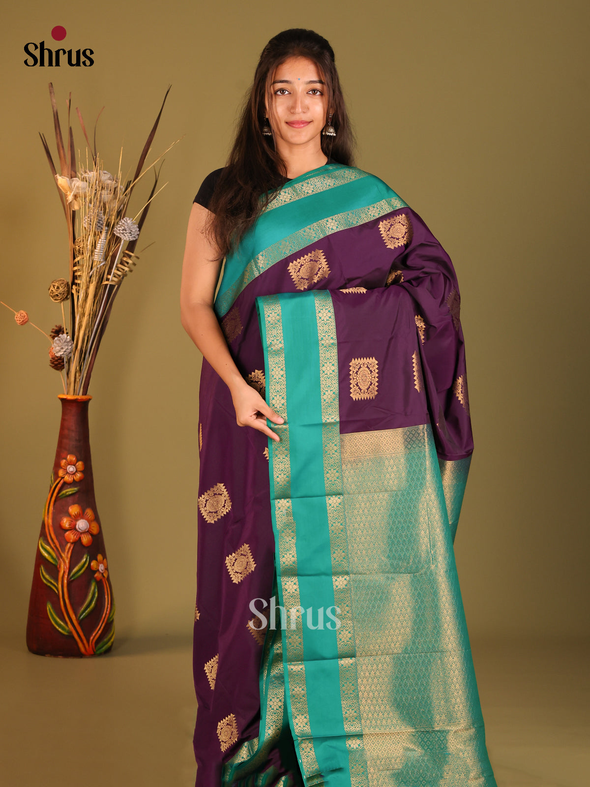 Violet & Teal - Semi Kanchipuram Saree - Shop on Shrus.com