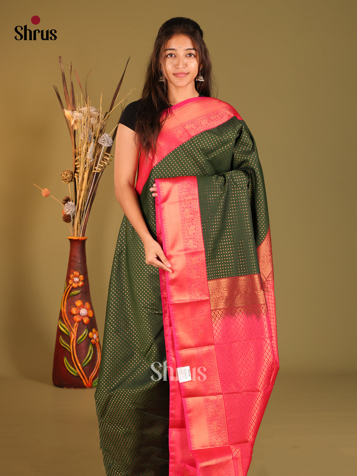 Green & Pink - Semi Kanchipuram Saree - Shop on Shrus.com