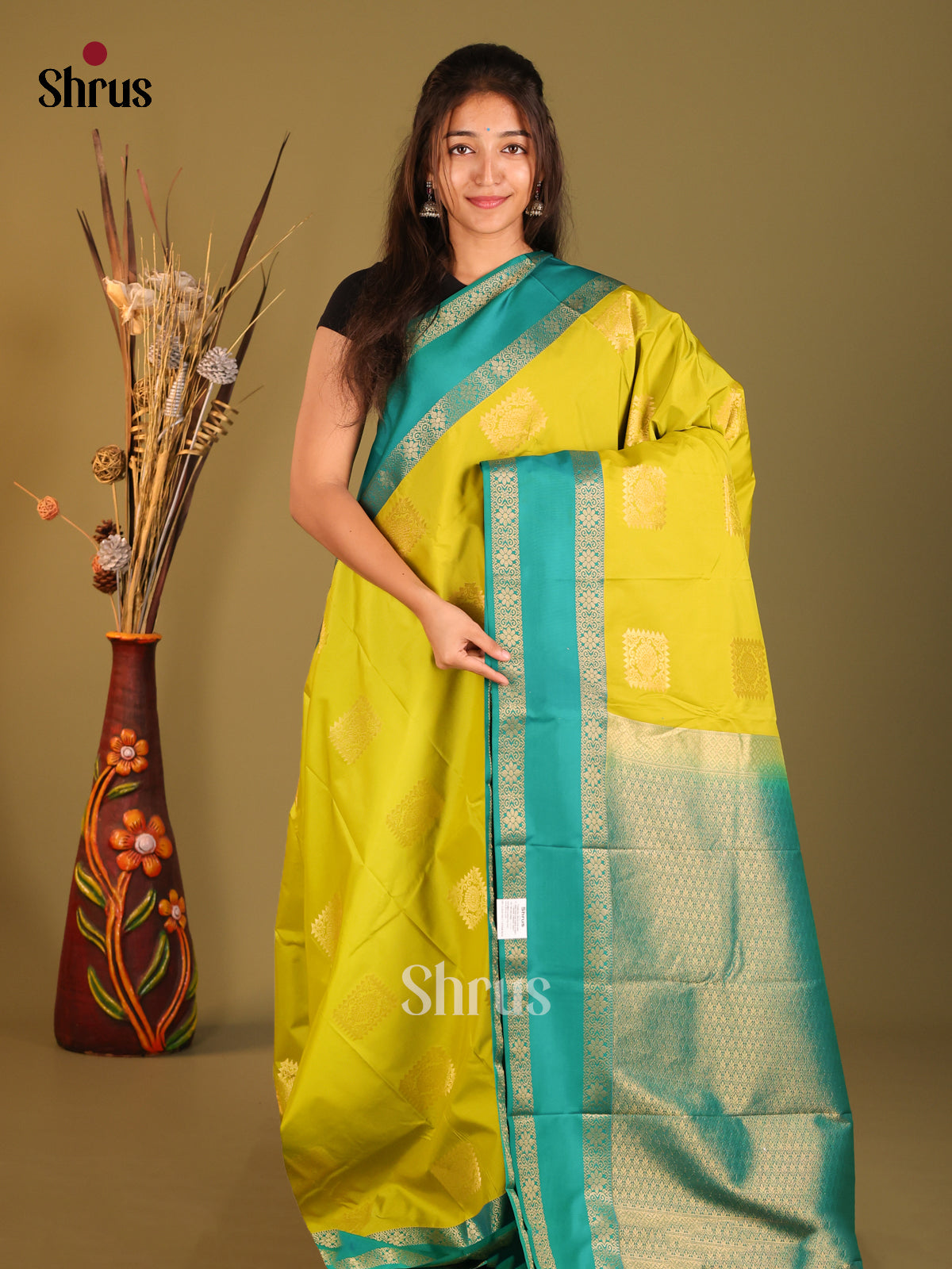 Lime Green & Green - Semi Kanchipuram Saree - Shop on Shrus.com