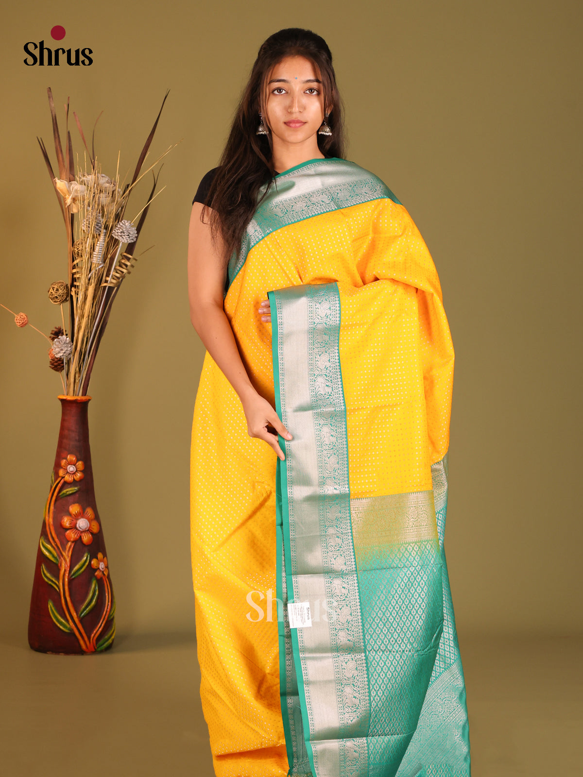 Yellow & Teal - Semi Kanchipuram Saree - Shop on Shrus.com