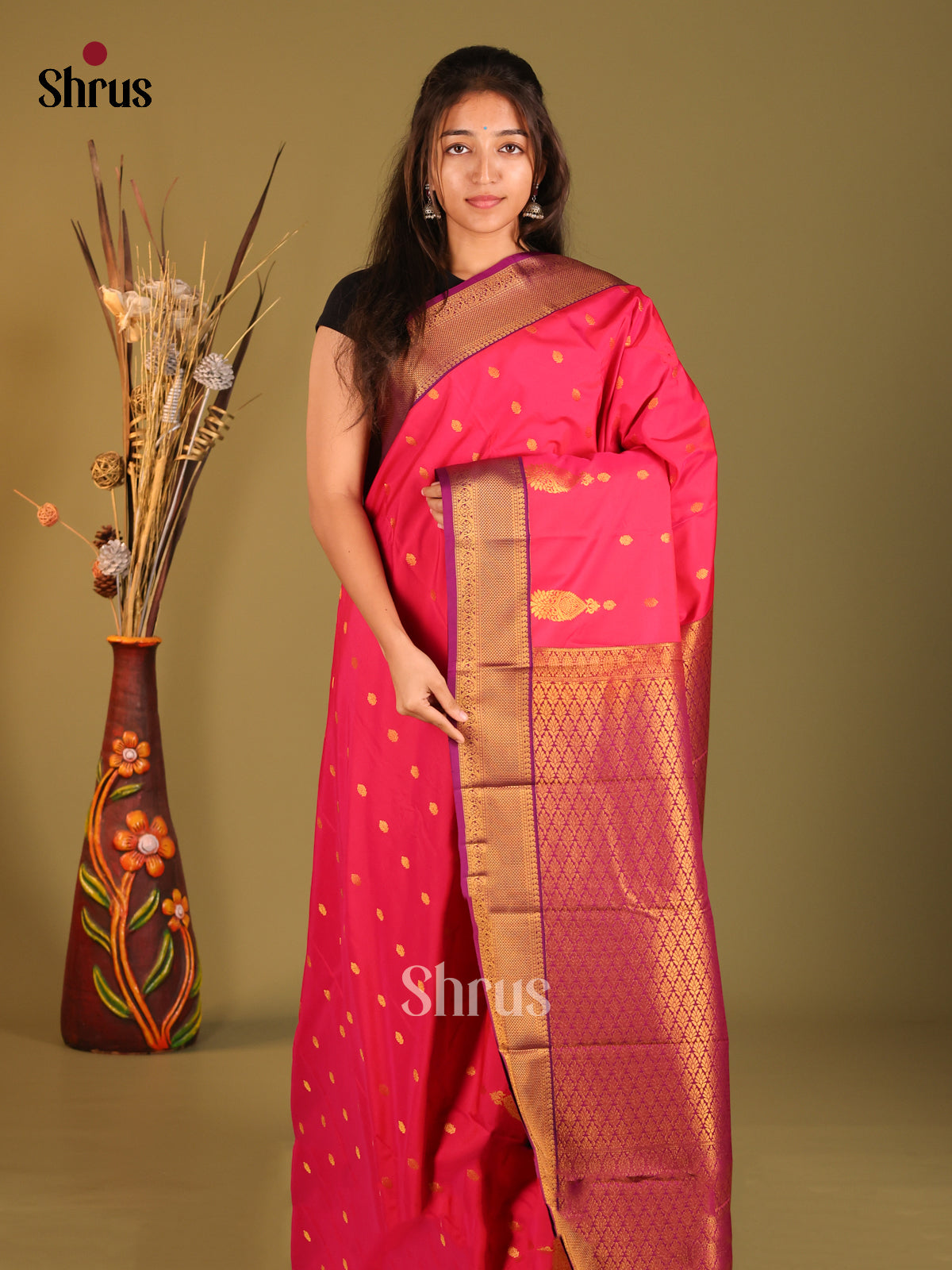 Reddish Pink & Purple - Semi Kanchipuram Saree - Shop on Shrus.com