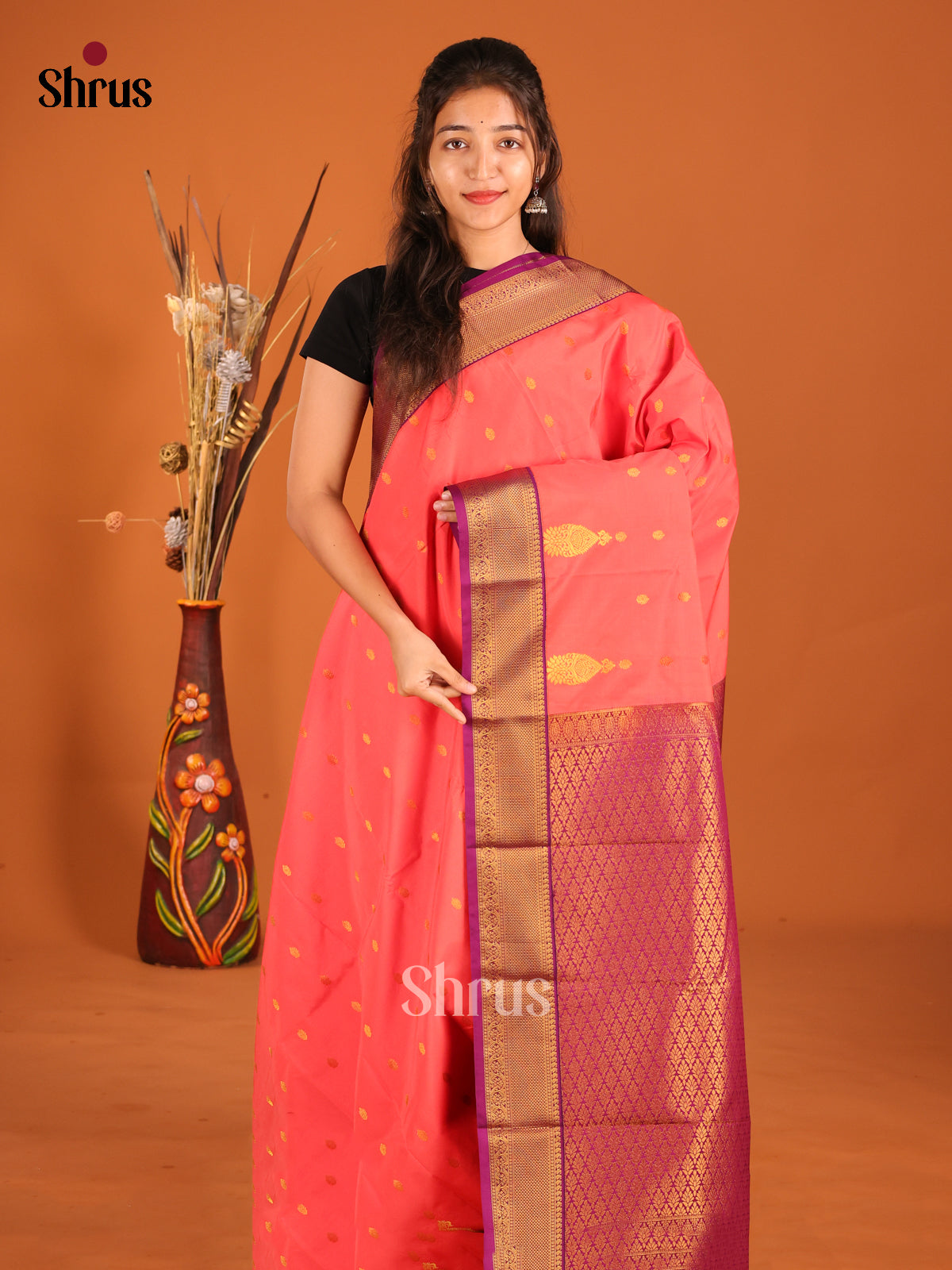 Orangish Pink & Purple - Semi Kanchipuram Saree