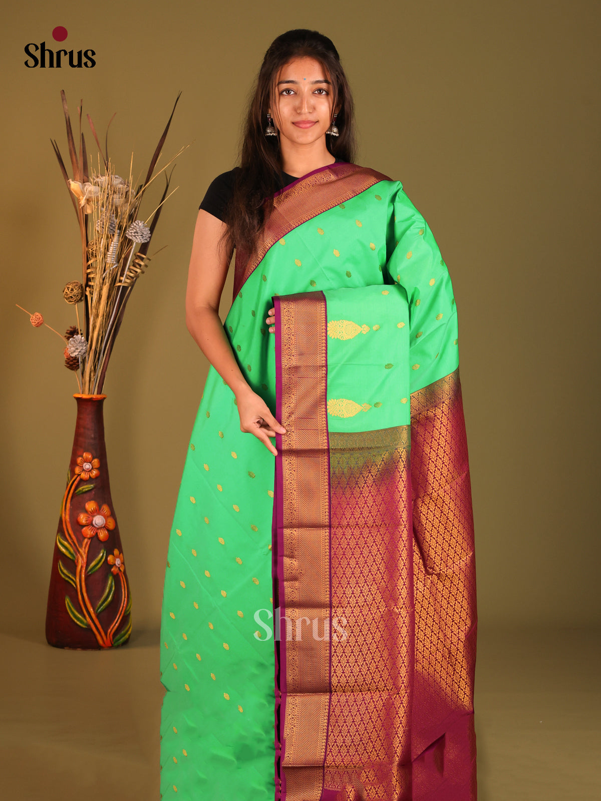 Pastel Green & Purple - Semi Kanchipuram Saree