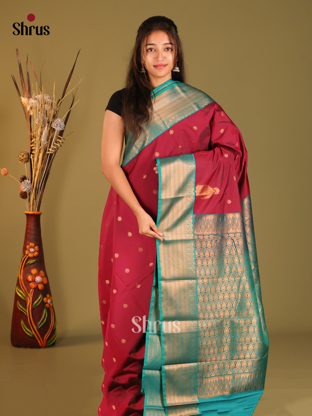 Maroon - Semi Kanchipuram Saree - Shop on Shrus.com