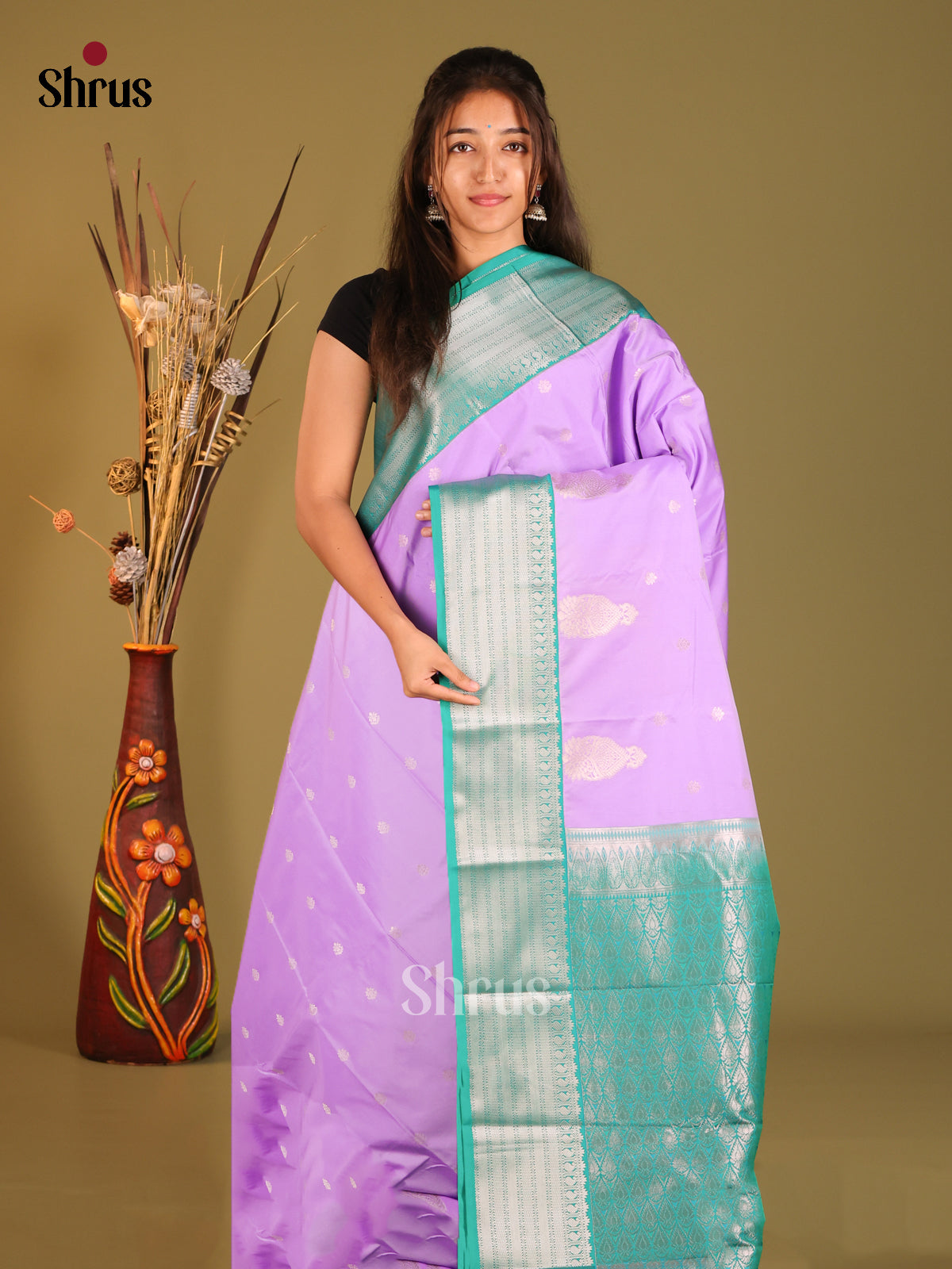 Lavender & Teal - Semi Kanchipuram Saree - Shop on Shrus.com