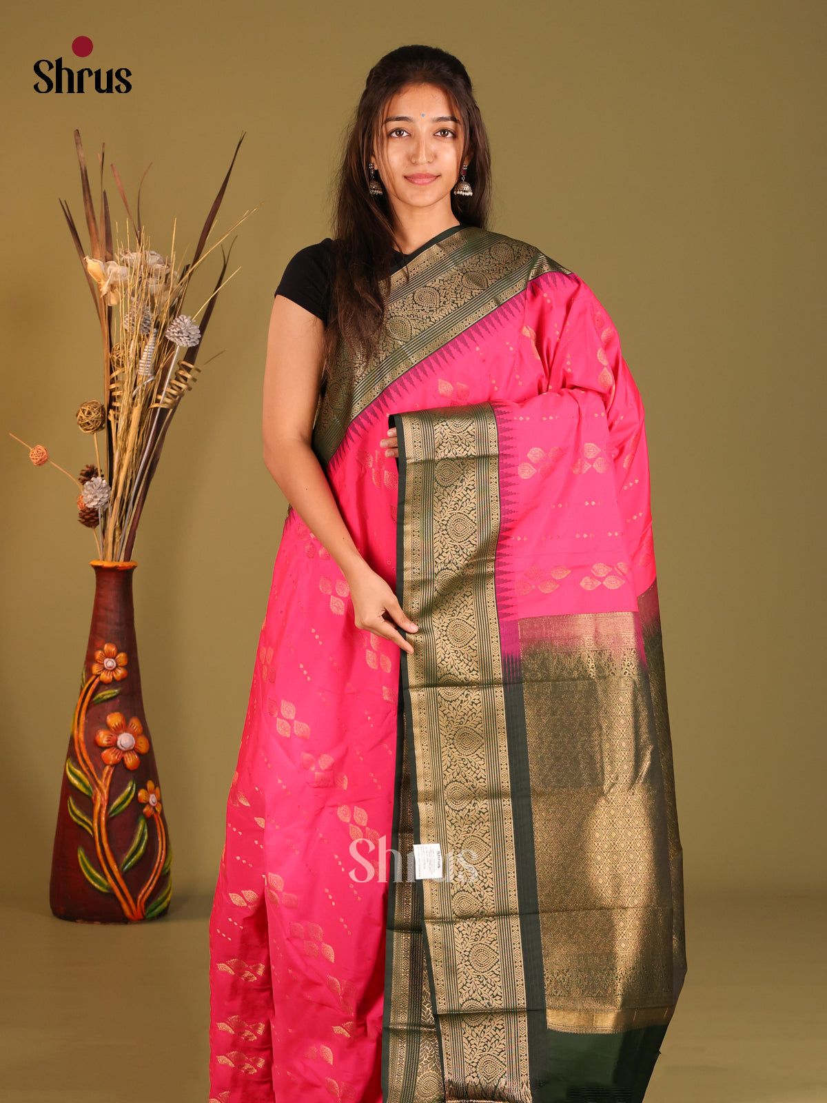 Pink & Green - Semi Kanchipuram Saree - Shop on Shrus.com