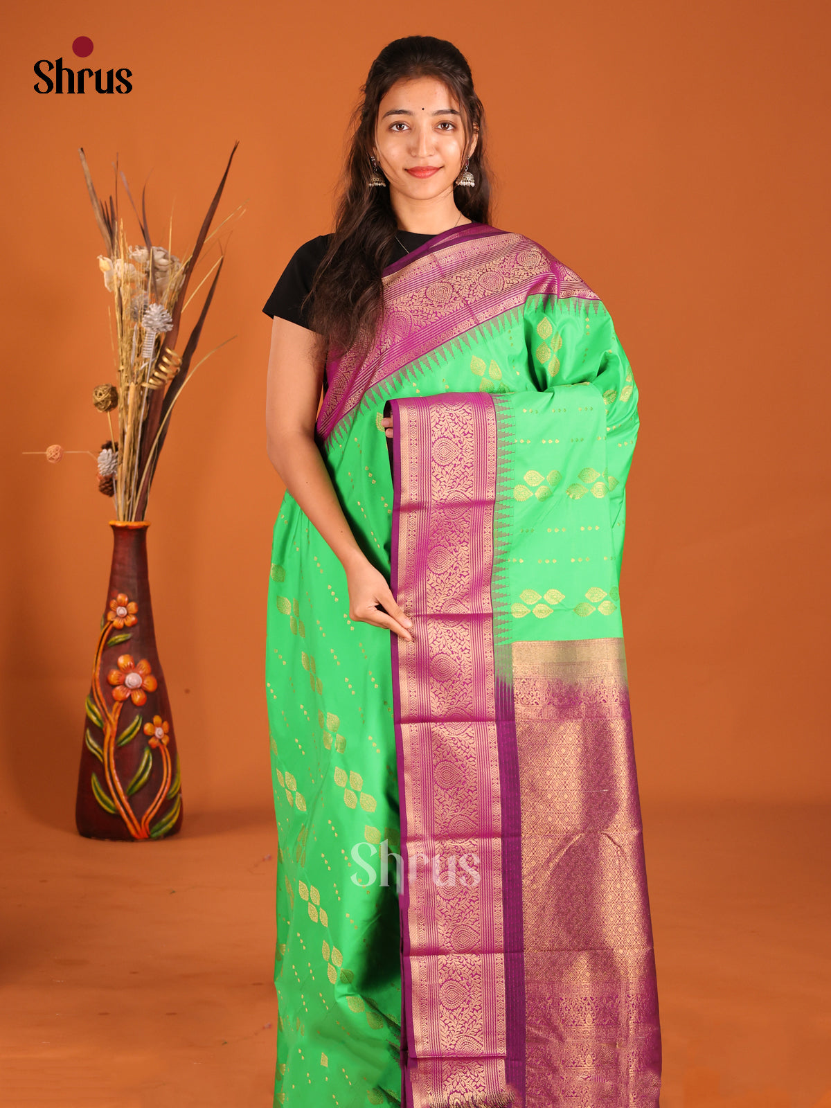 Green & Purple - Semi Kanchipuram Saree - Shop on Shrus.com
