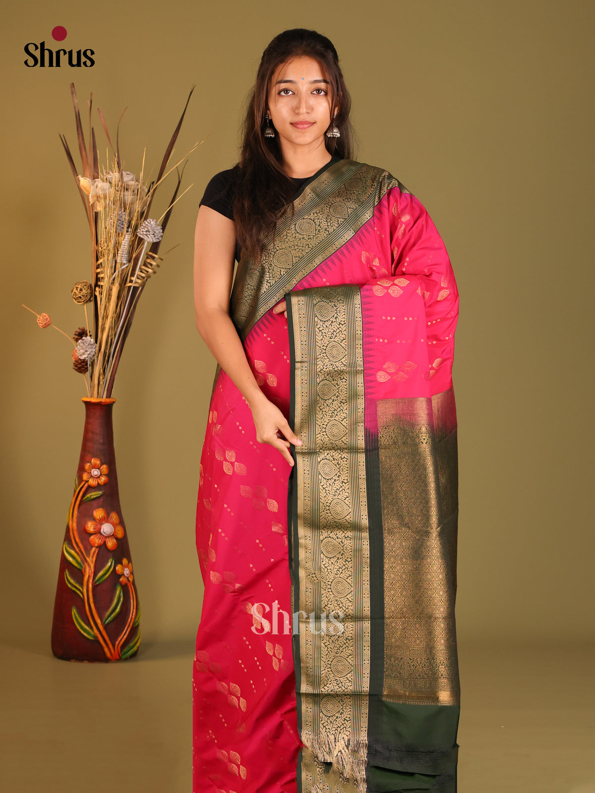 Pink & Green - Semi Kanchipuram Saree - Shop on Shrus.com