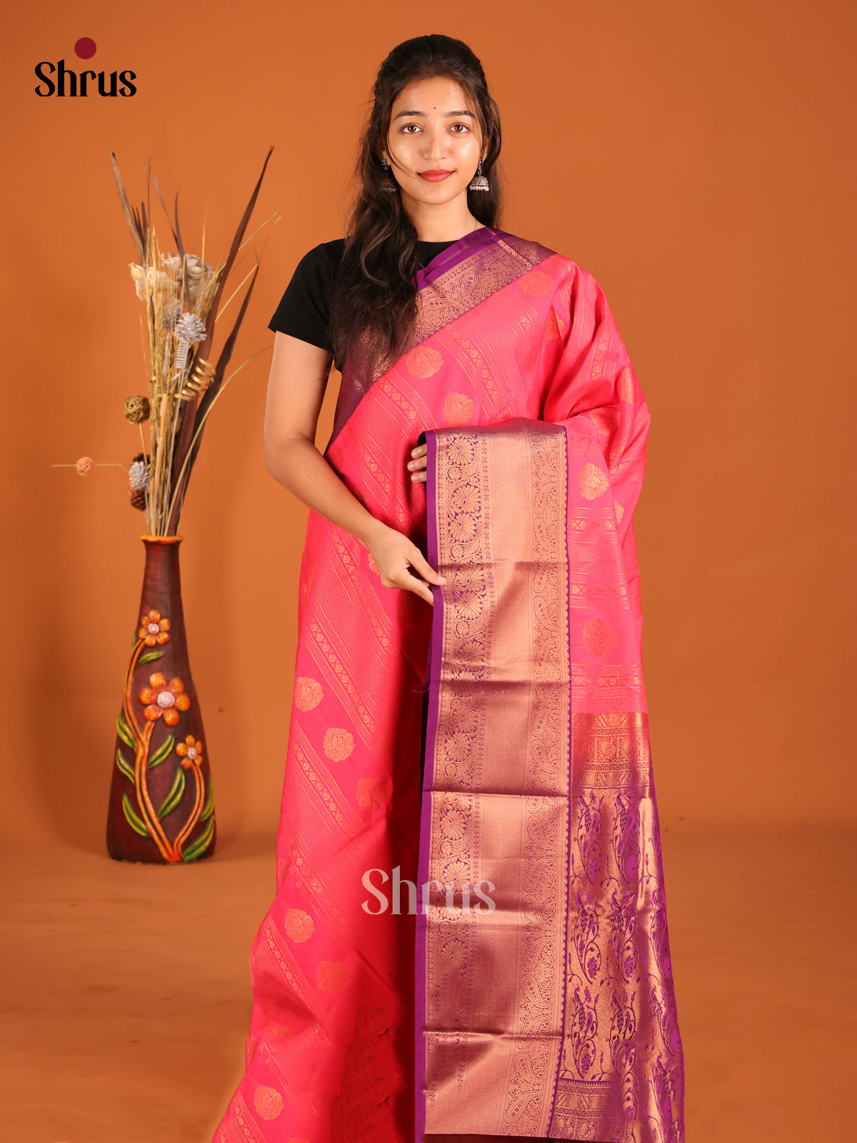 Orangish Pink & Purple - Semi Kanchipuram Saree