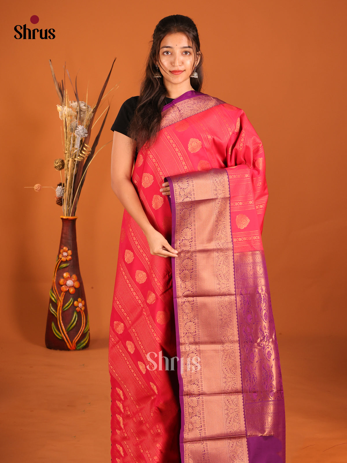 Orangish Pink & Purple - Semi Kanchipuram Saree - Shop on Shrus.com