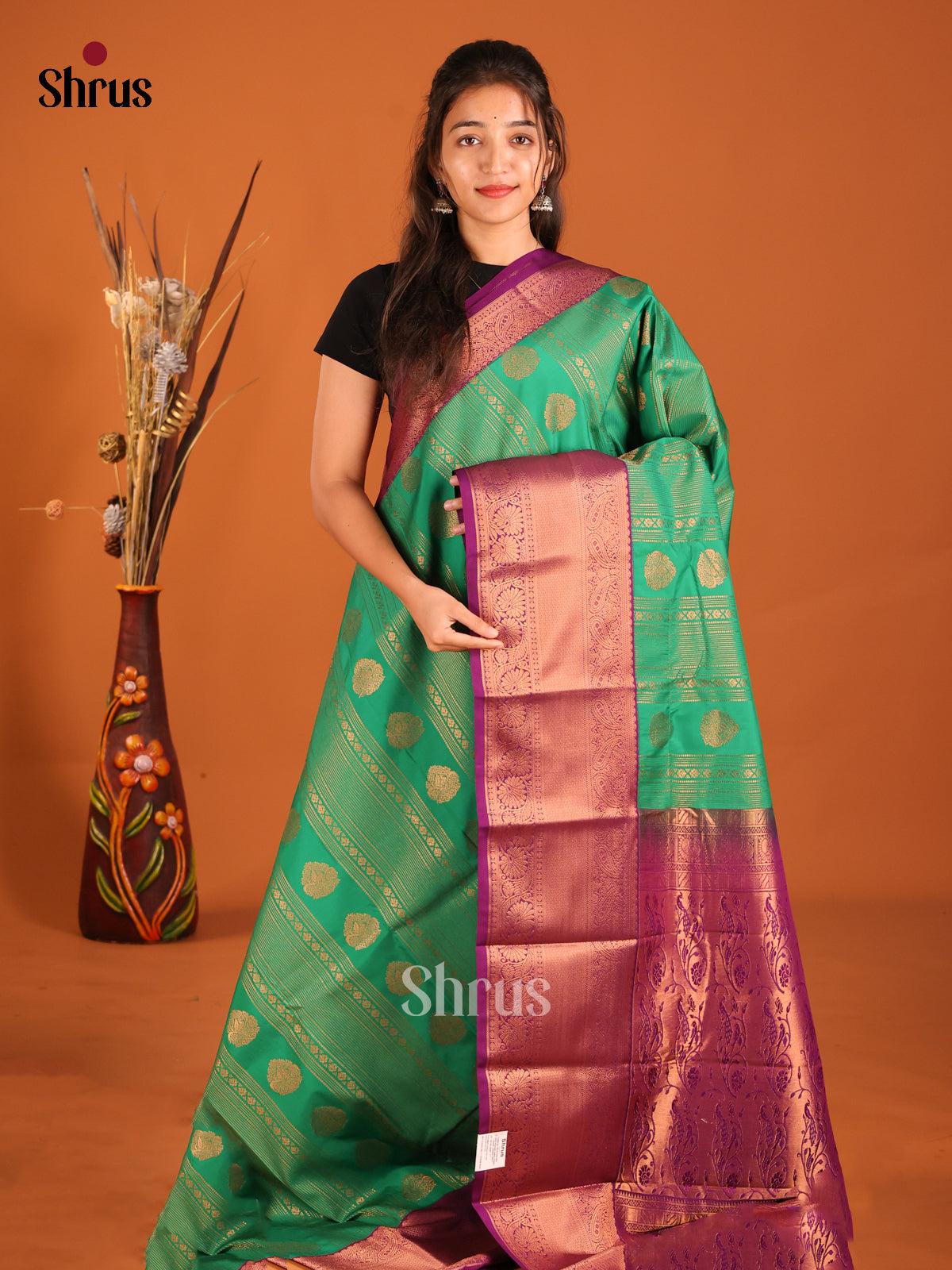 Green & Purple - Semi Kanchipuram Saree - Shop on Shrus.com
