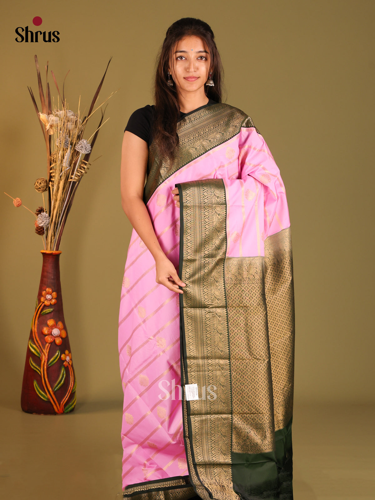 Pink & Green - Semi Kanchipuram Saree - Shop on Shrus.com