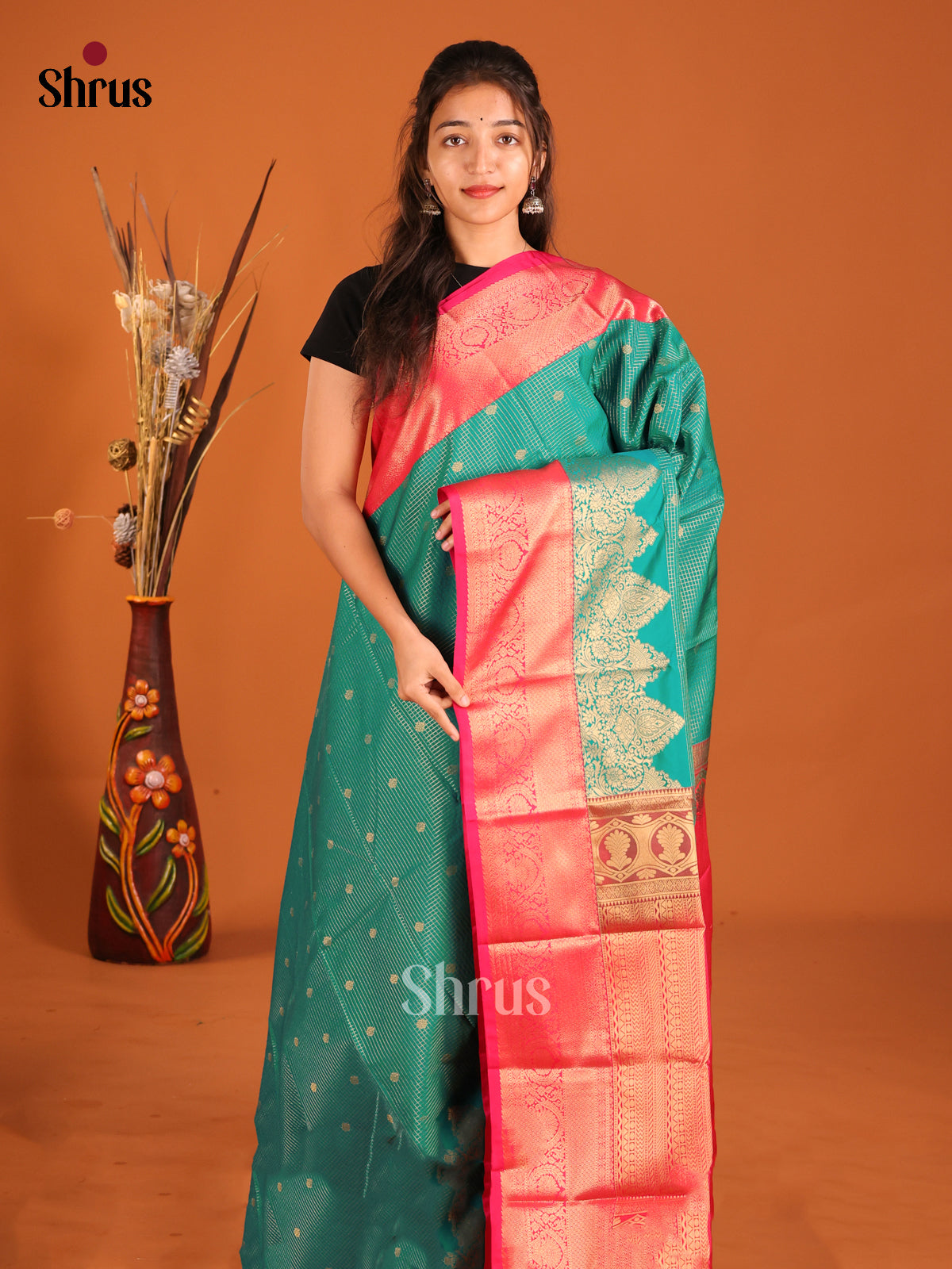 Green & Pink- Semi Kanchipuram Saree - Shop on Shrus.com