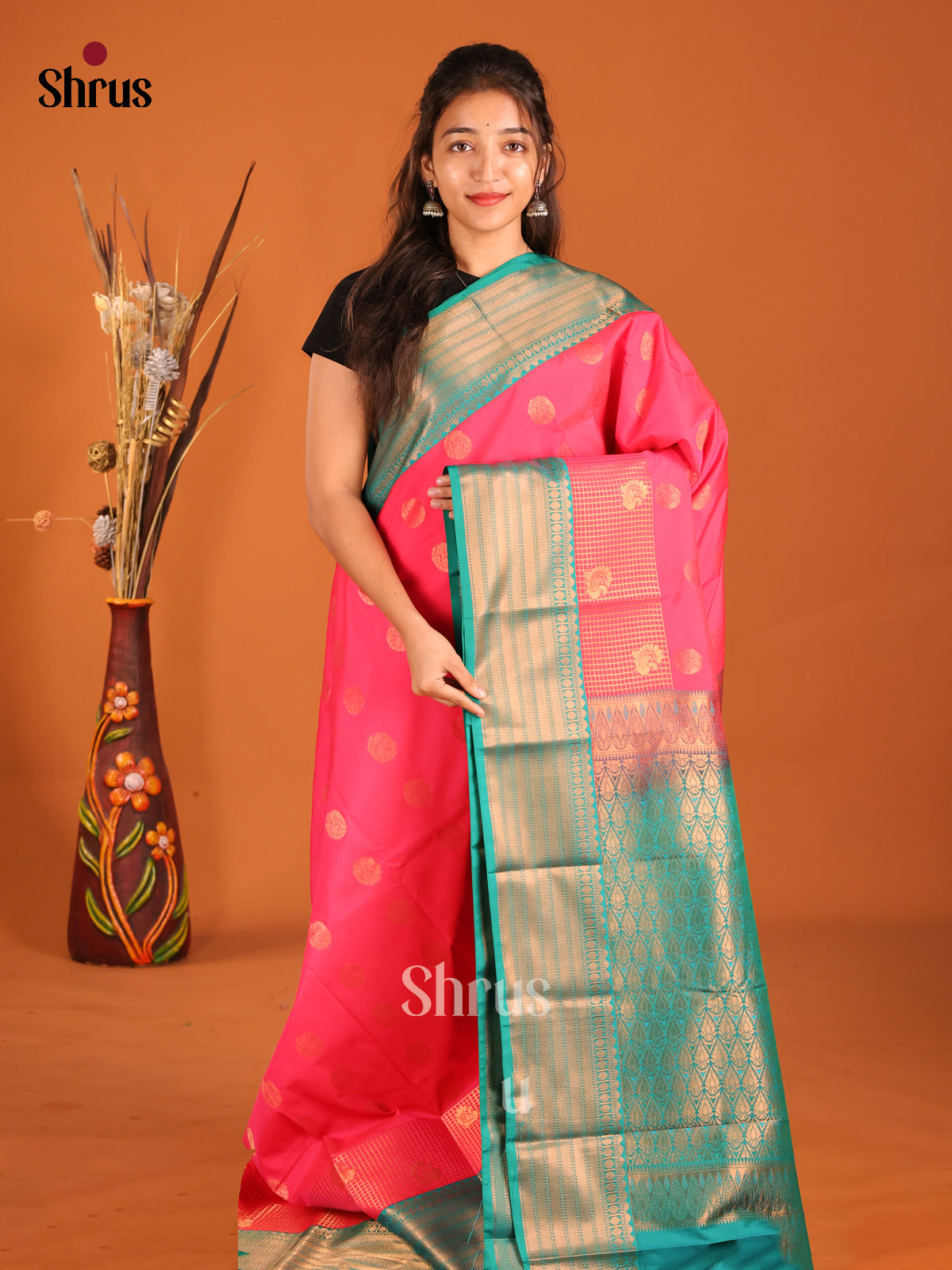 Orangish Pink & Green - Semi Kanchipuram Saree - Shop on Shrus.com
