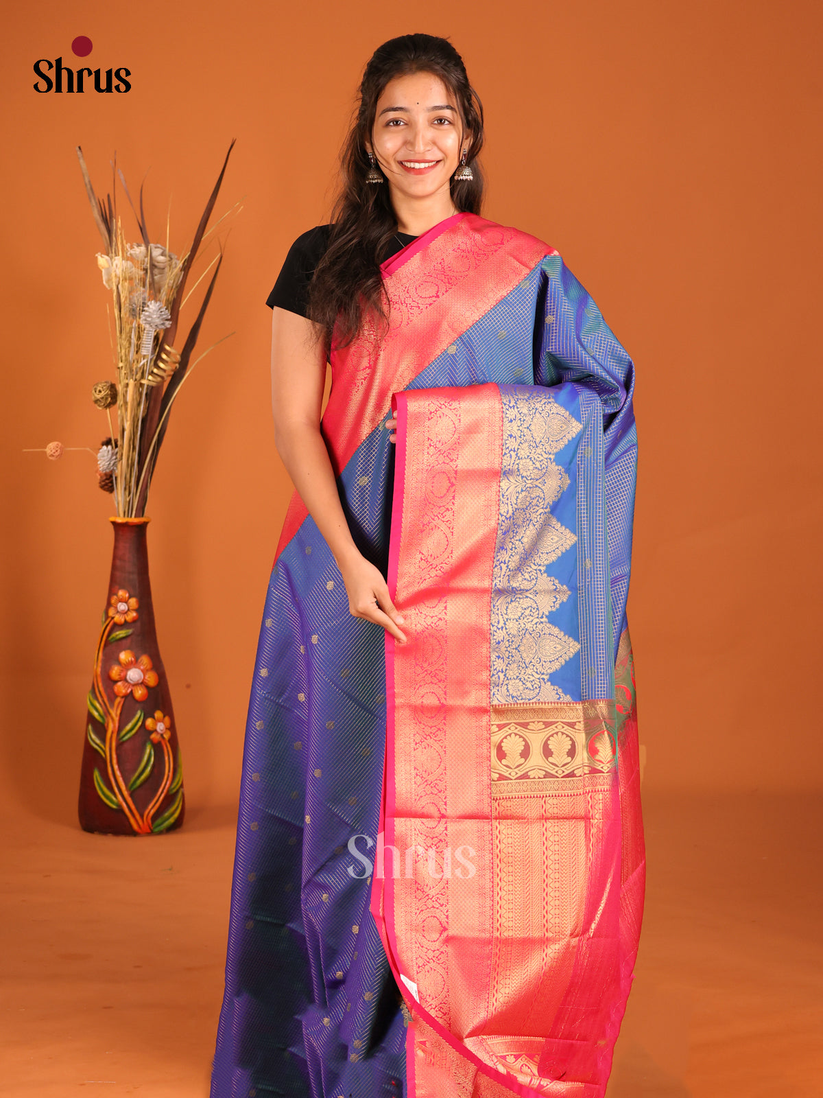 Blue & Pink - Semi Kanchipuram Saree