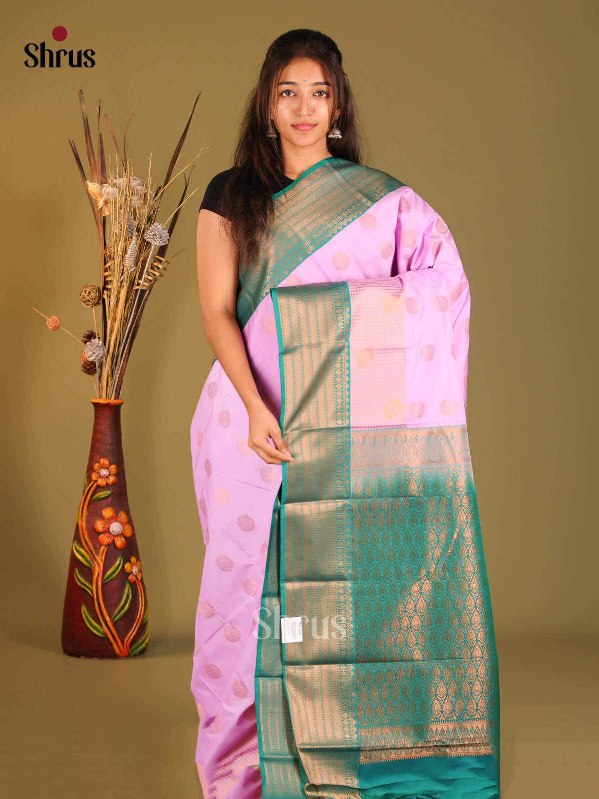 Lavender & Green- Semi Kanchipuram Saree - Shop on Shrus.com