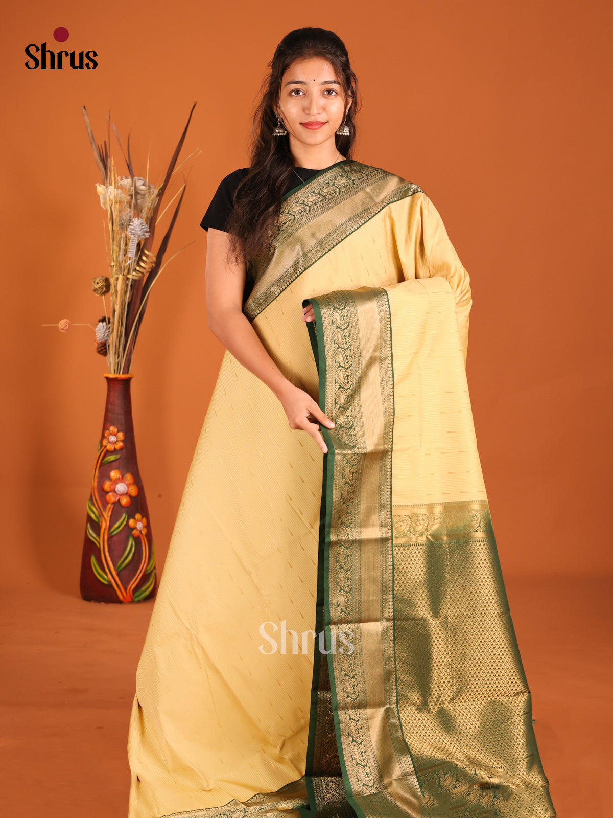 Ivory & Green- Semi Kanchipuram Saree - Shop on Shrus.com