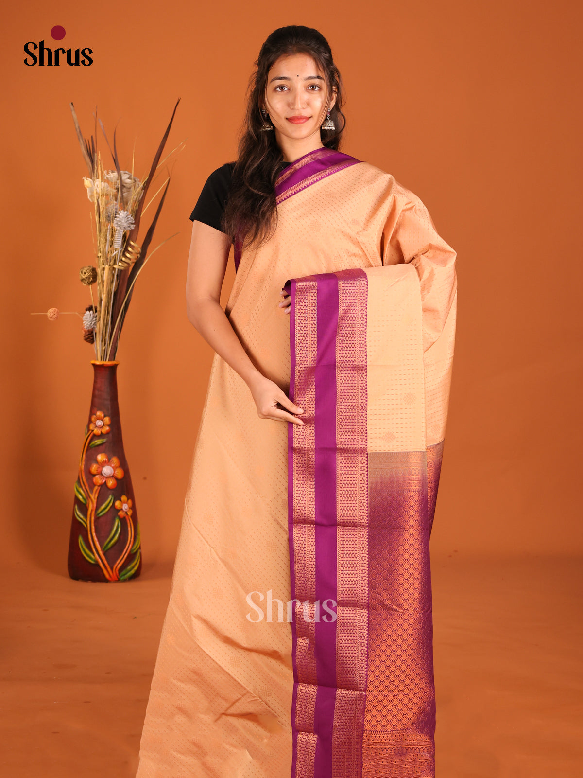 Sandal & Purple - Semi Kanchipuram Saree