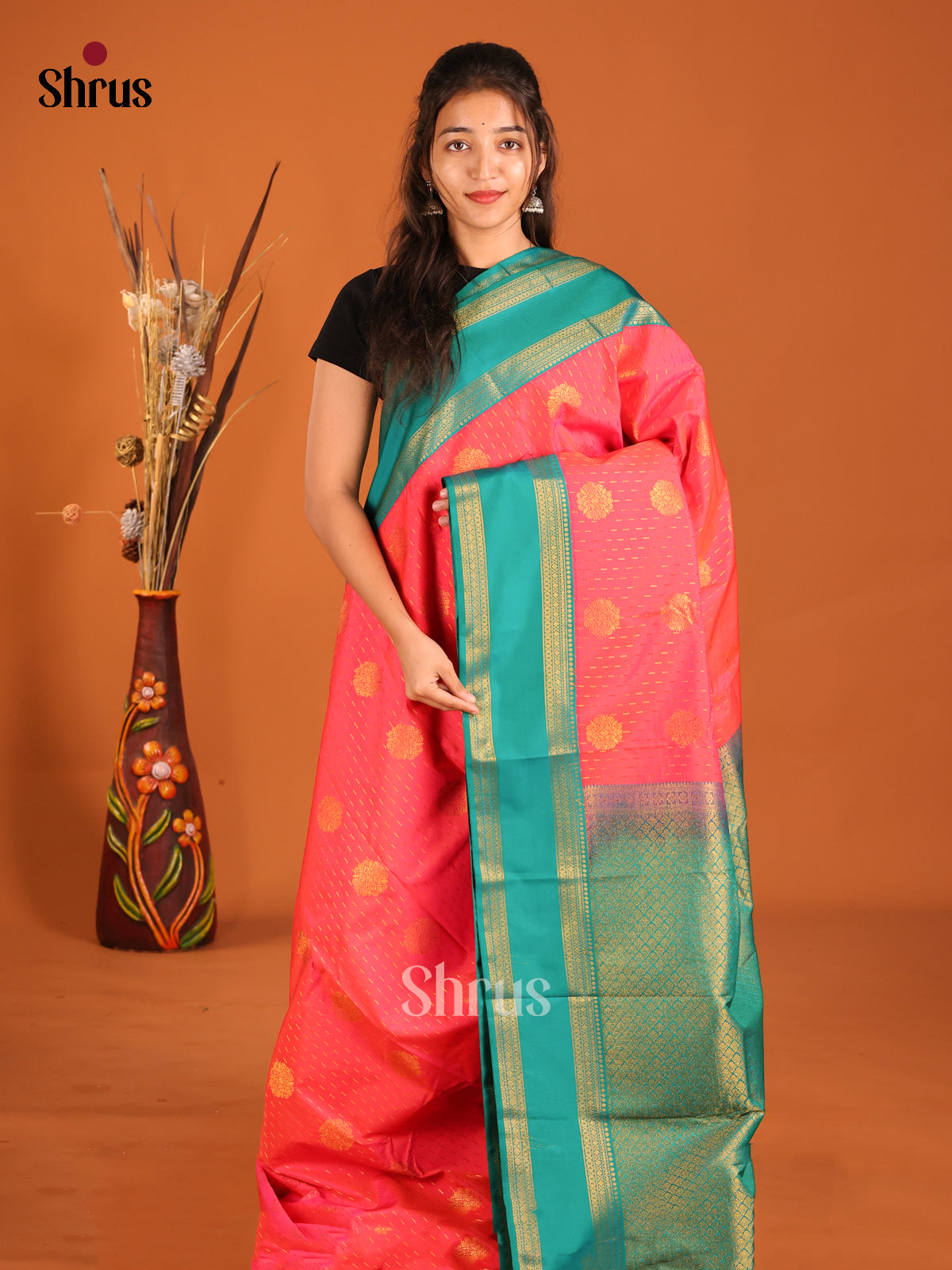 Orangish Pink & Green - Semi Kanchipuram Saree - Shop on Shrus.com
