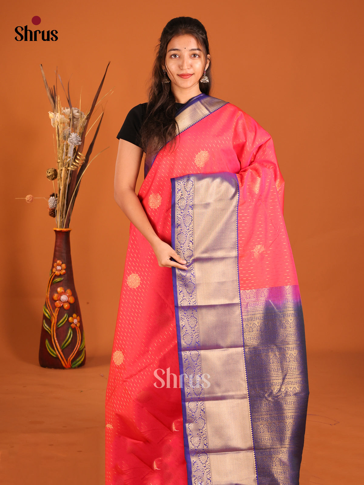Orangish Pink & Blue - Semi Kanchipuram Saree