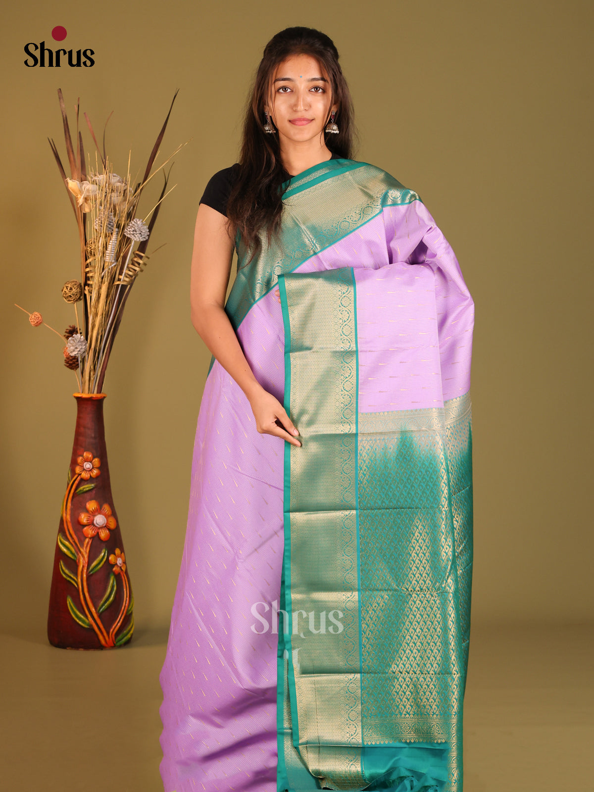 Lavender & Green- Semi Kanchipuram Saree - Shop on Shrus.com