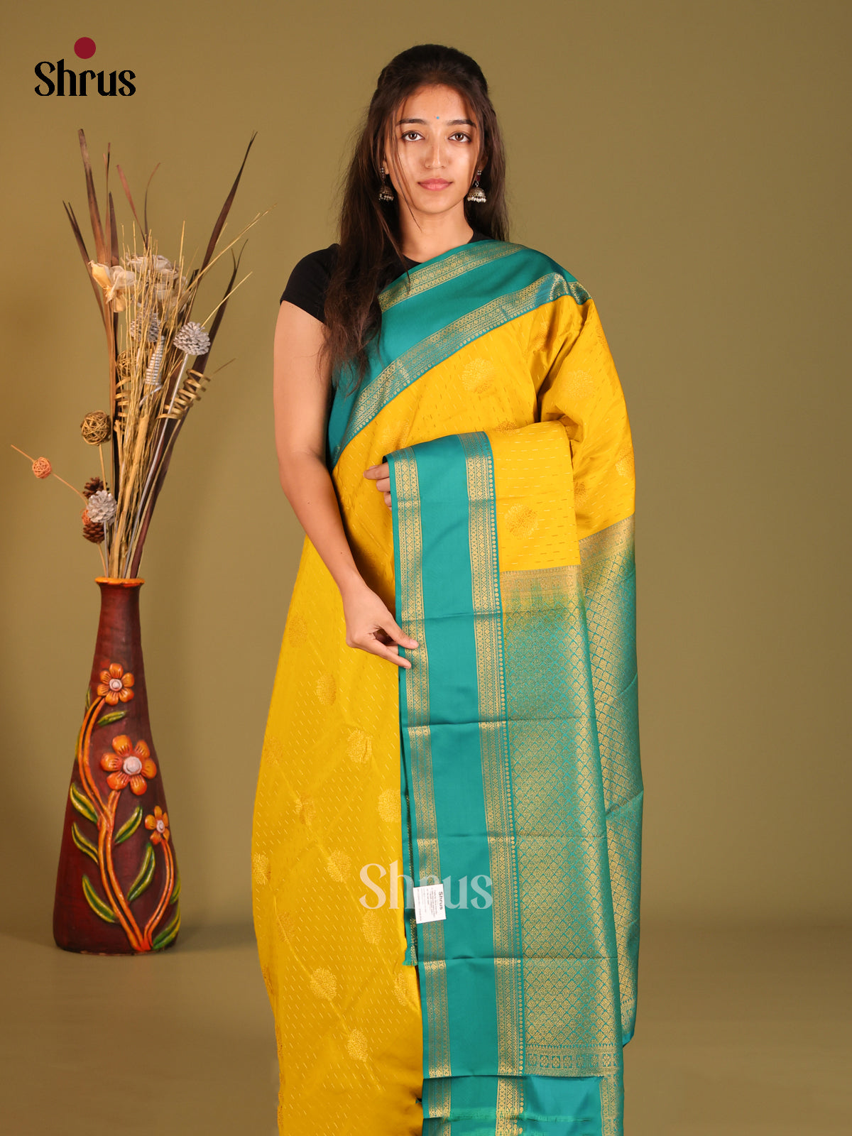 Yellow & Green - Semi Kanchipuram Saree - Shop on Shrus.com
