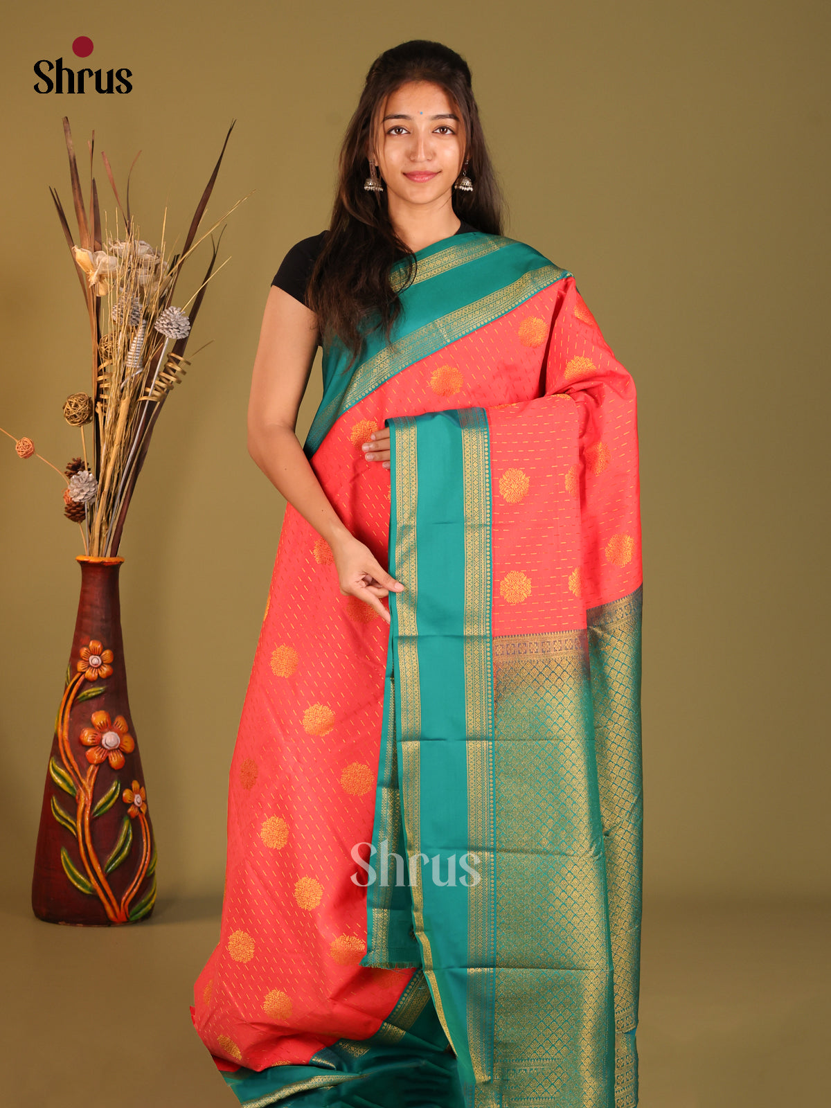 Orange & Green - Semi Kanchipuram Saree - Shop on Shrus.com