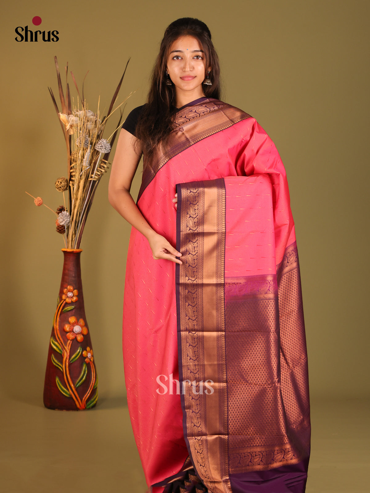 Pink & Violet - Semi Kanchipuram Saree - Shop on Shrus.com