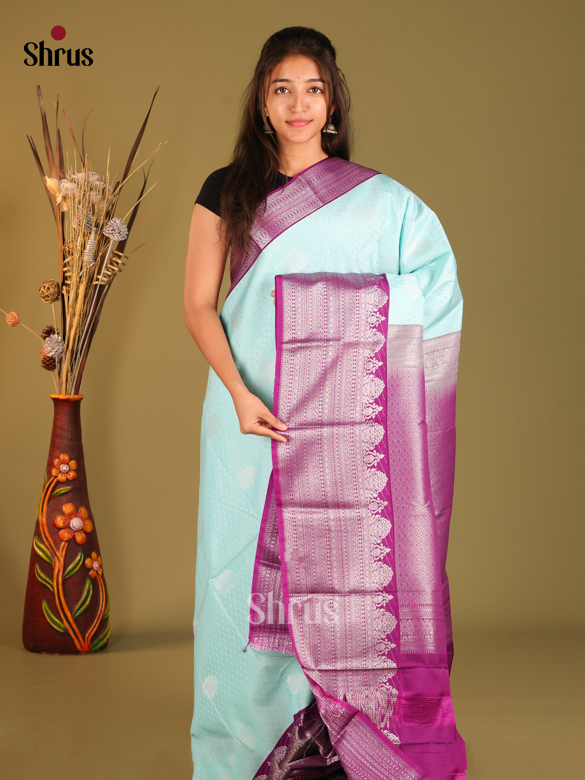 Pastel Blue & Purple - Semi Kanchipuram Saree - Shop on Shrus.com