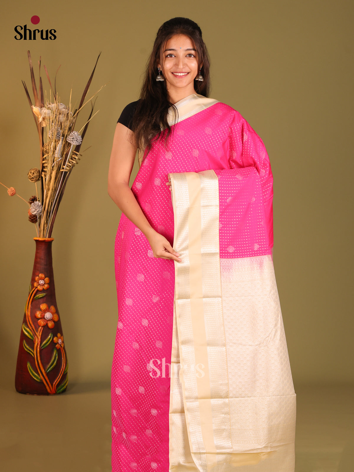 Pink & Cream - Semi Kanchipuram Saree - Shop on Shrus.com