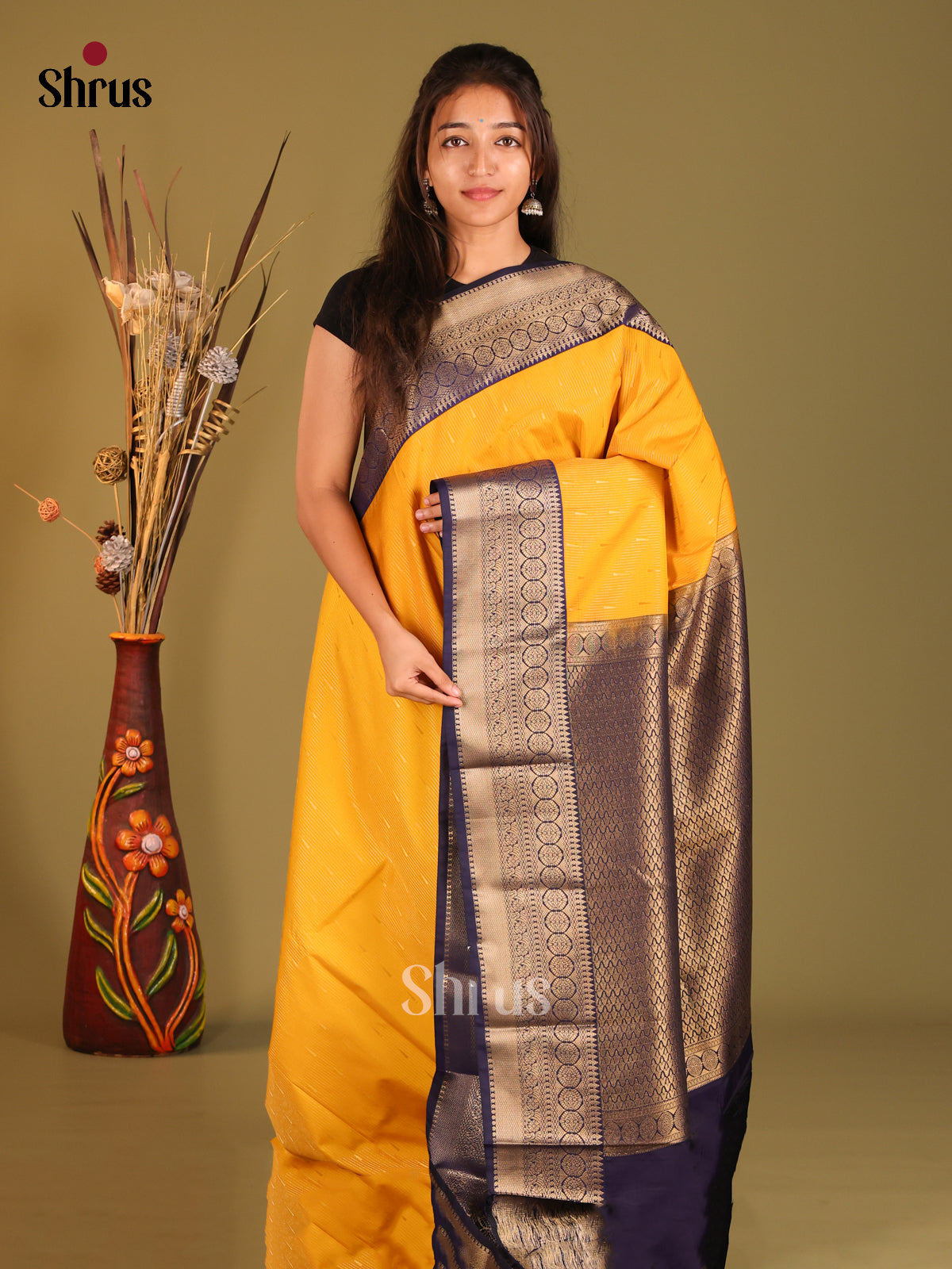 Yellow & Blue - Semi Kanchipuram Saree - Shop on Shrus.com