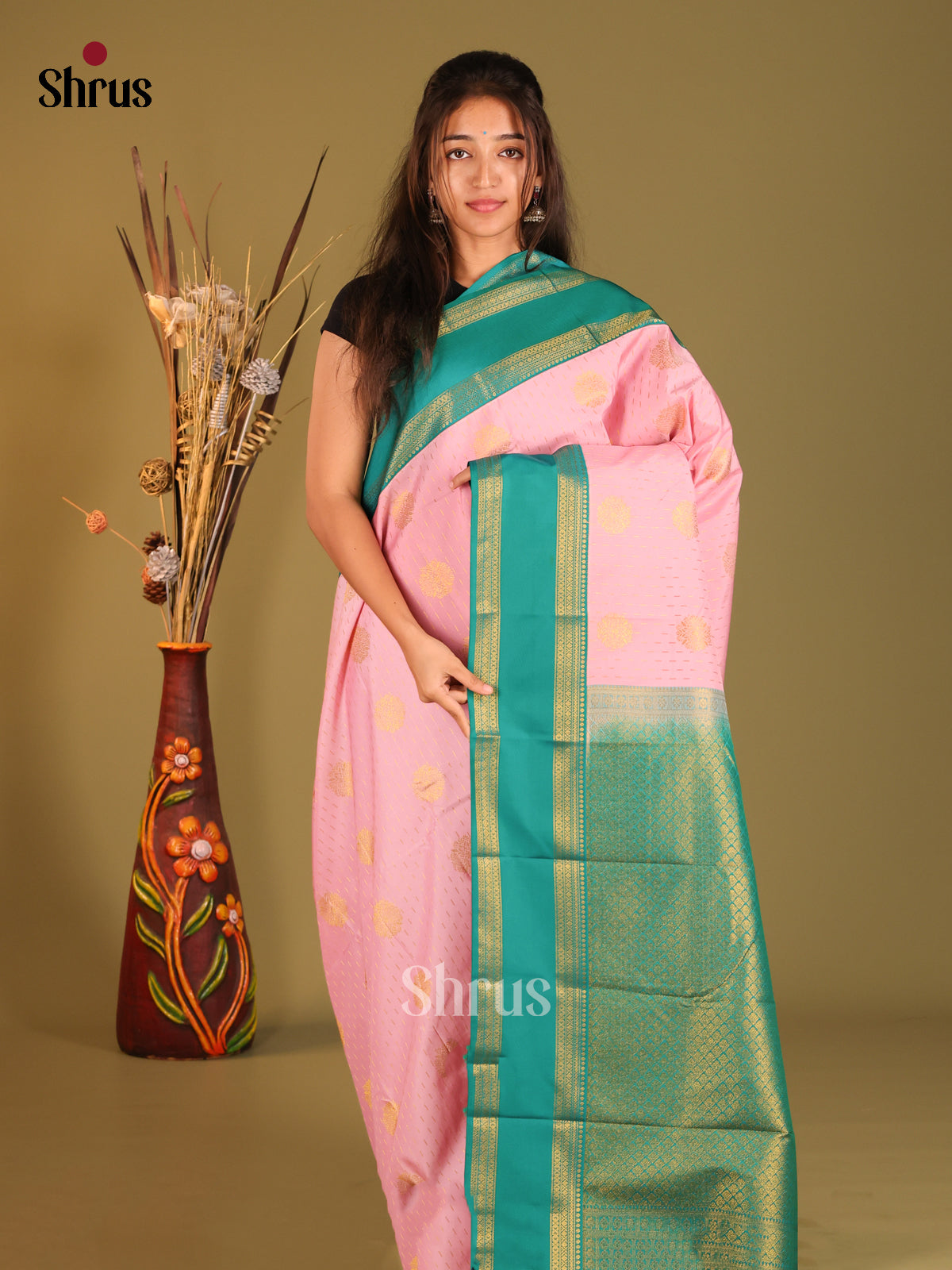 Pink & Green - Semi Kanchipuram Saree - Shop on Shrus.com