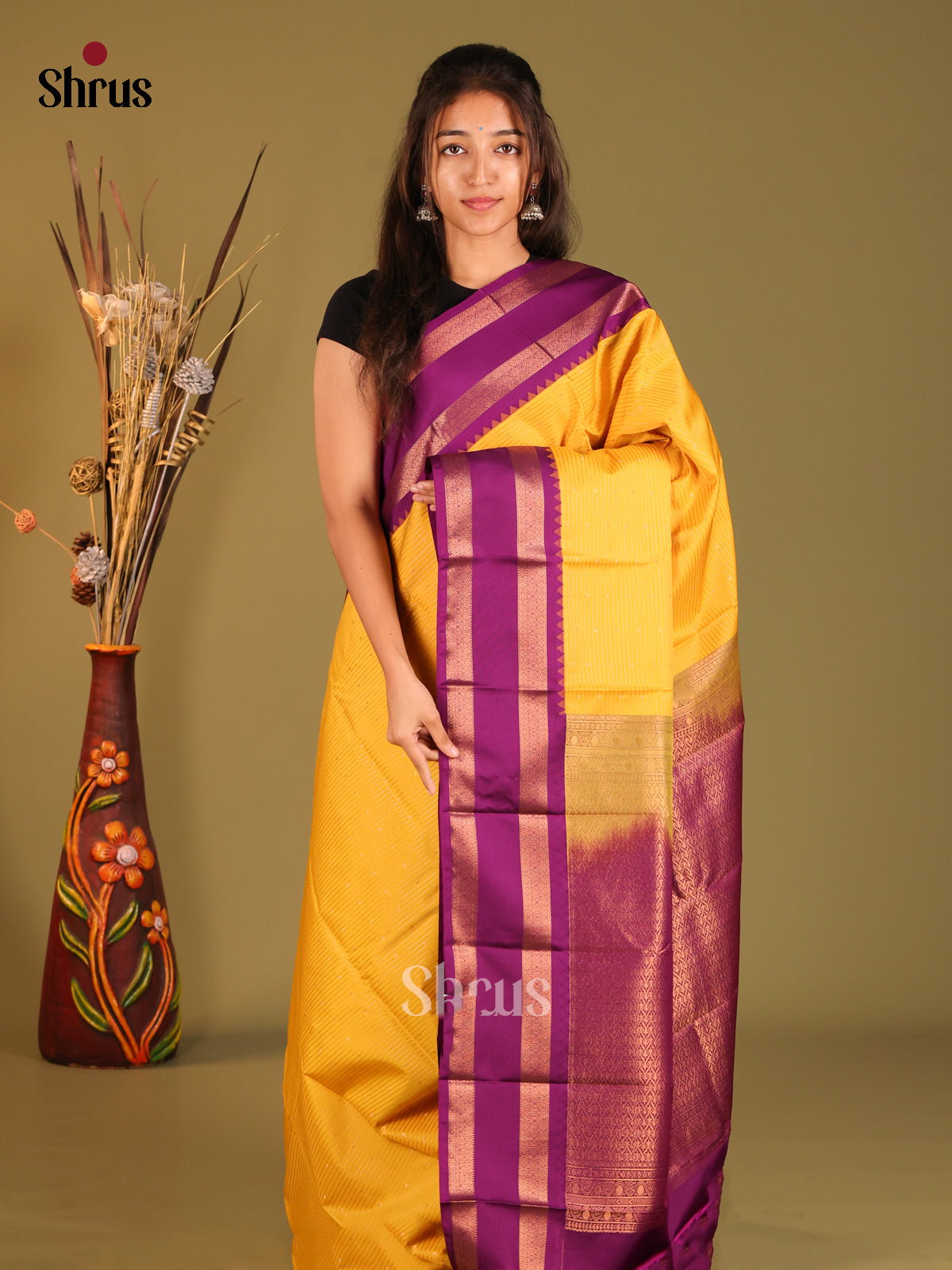 Yellow & Purple - Semi Kanchipuram Saree - Shop on Shrus.com