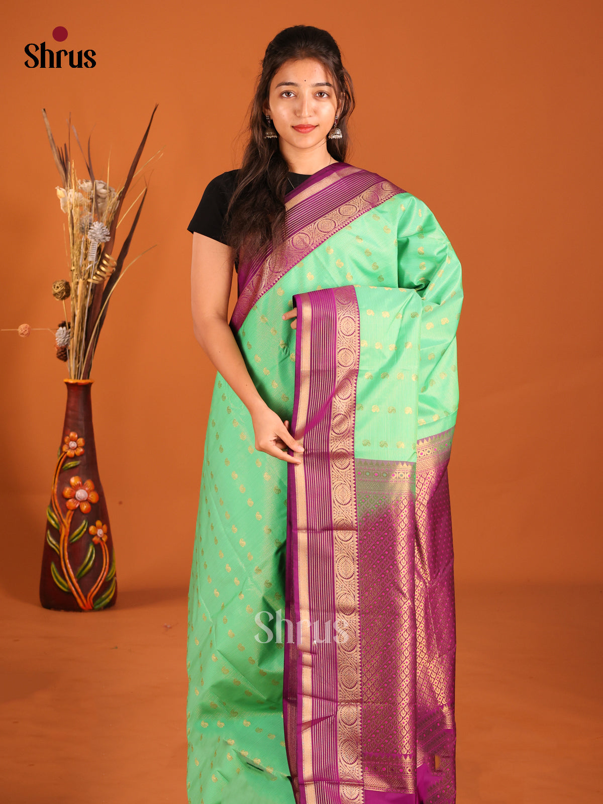 Pista Green & Purple - Semi Kanchipuram Saree
