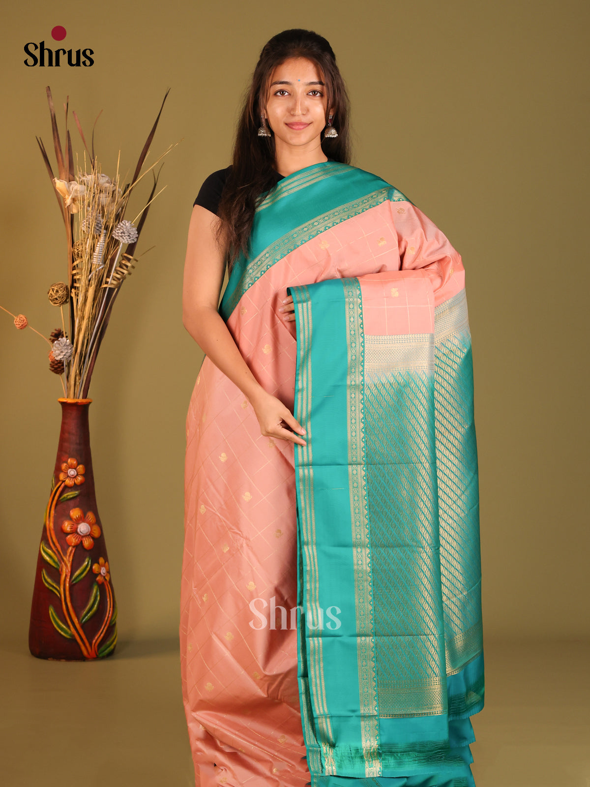 Pink & Green- Semi Kanchipuram Saree - Shop on Shrus.com