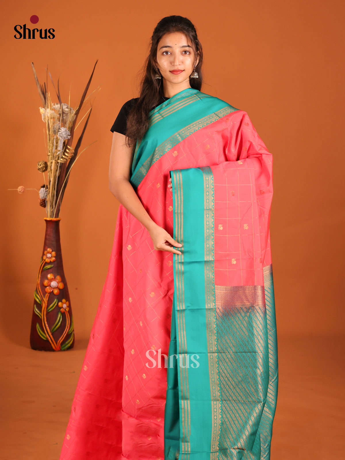 Orangish Pink & Green- Semi Kanchipuram Saree