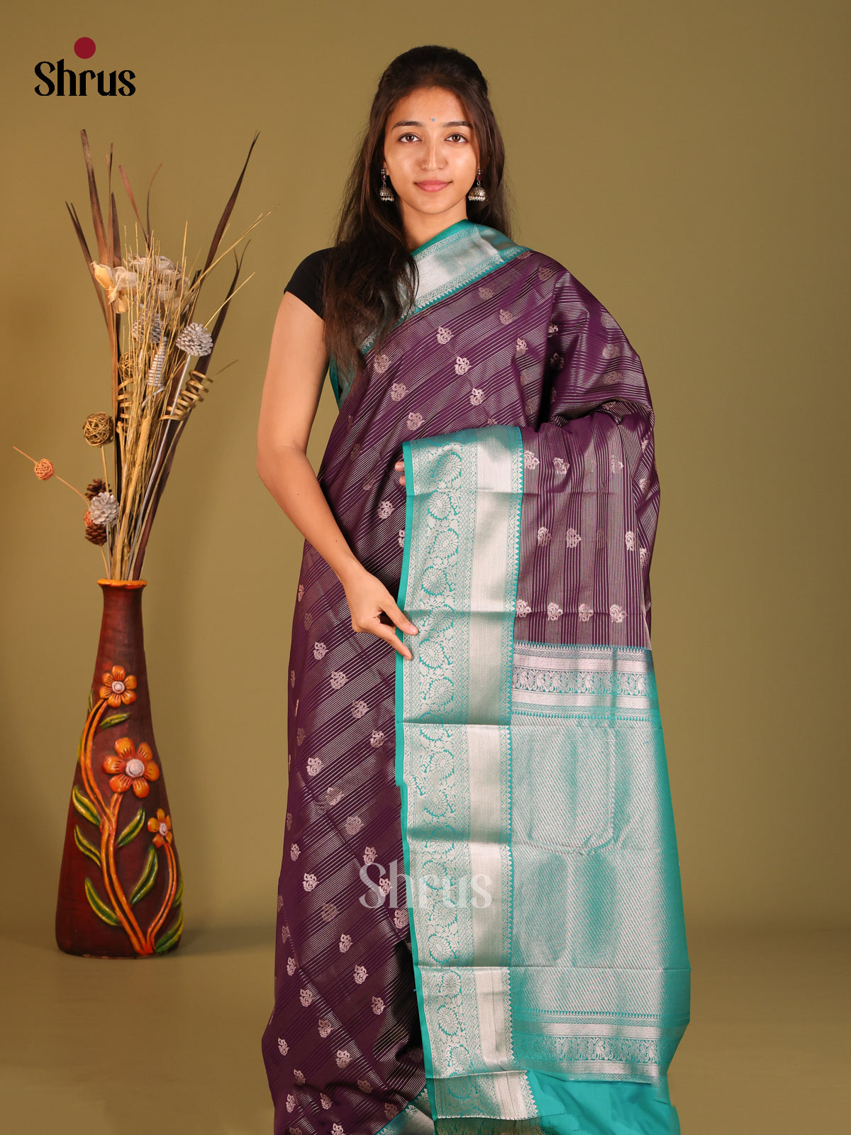 Jamun & Green- Semi Kanchipuram Saree - Shop on Shrus.com