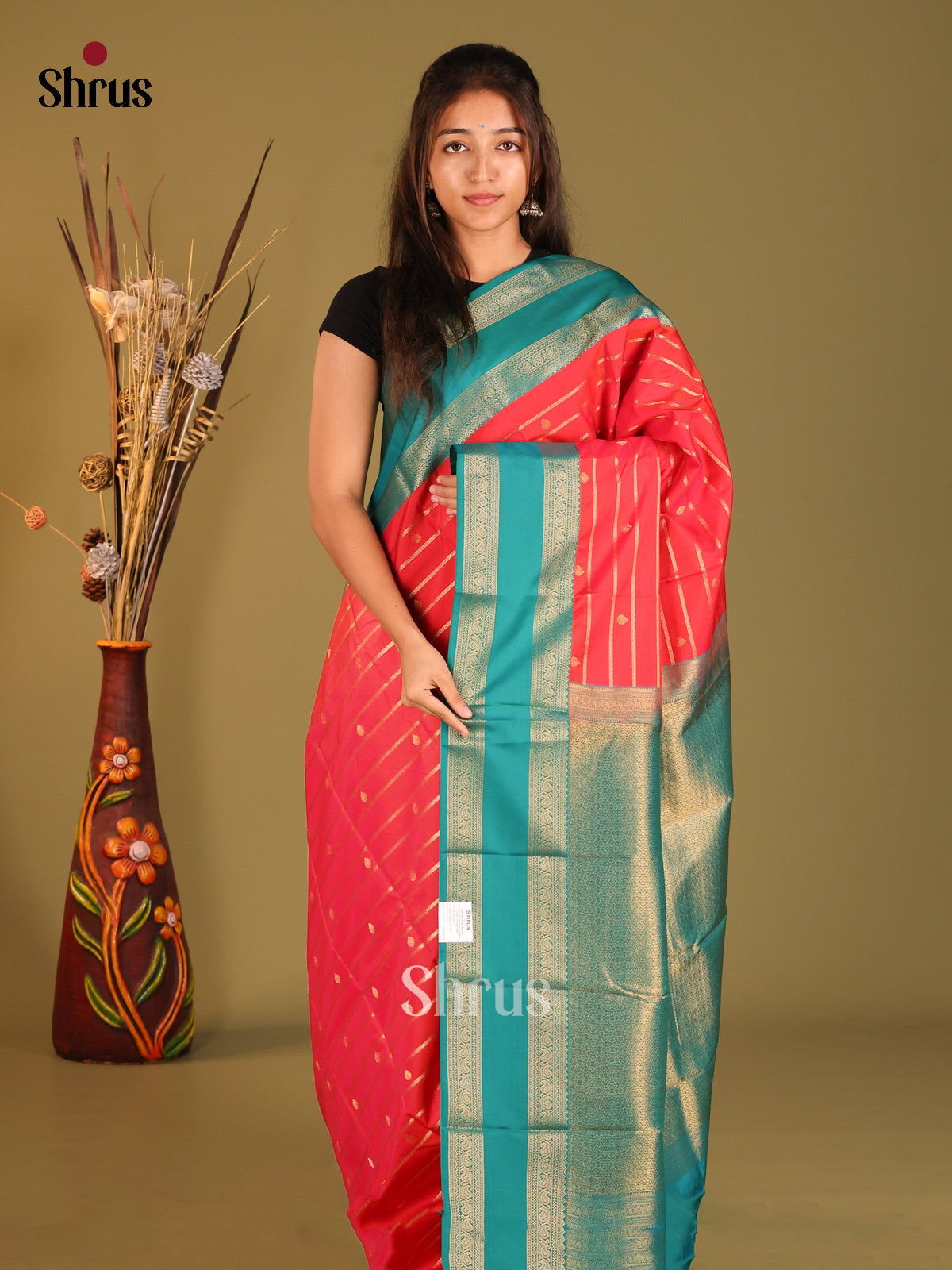 Red & Green - Semi Kanchipuram Saree - Shop on Shrus.com