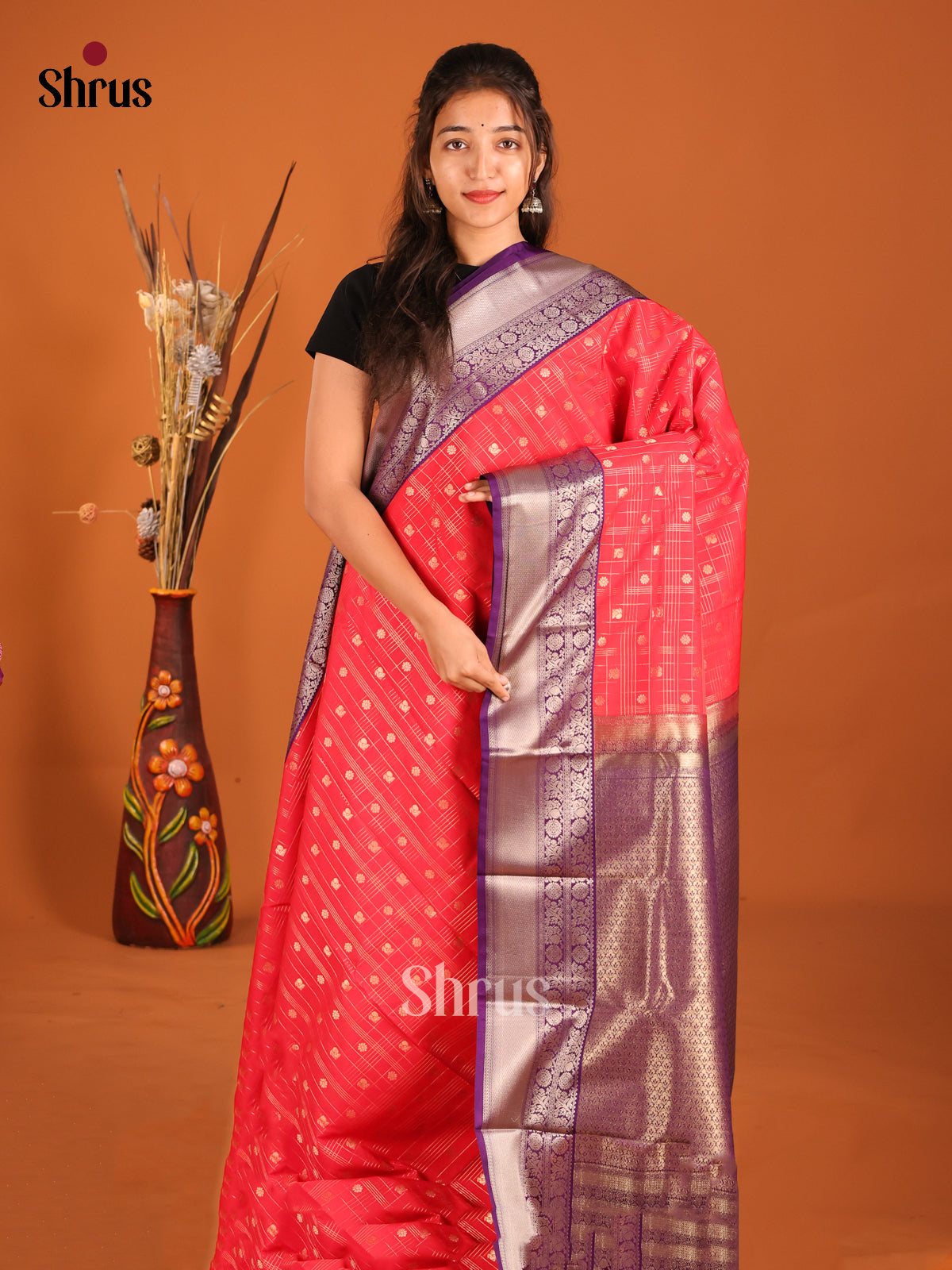Orangish Pink & Purple - Semi Kanchipuram Saree - Shop on Shrus.com
