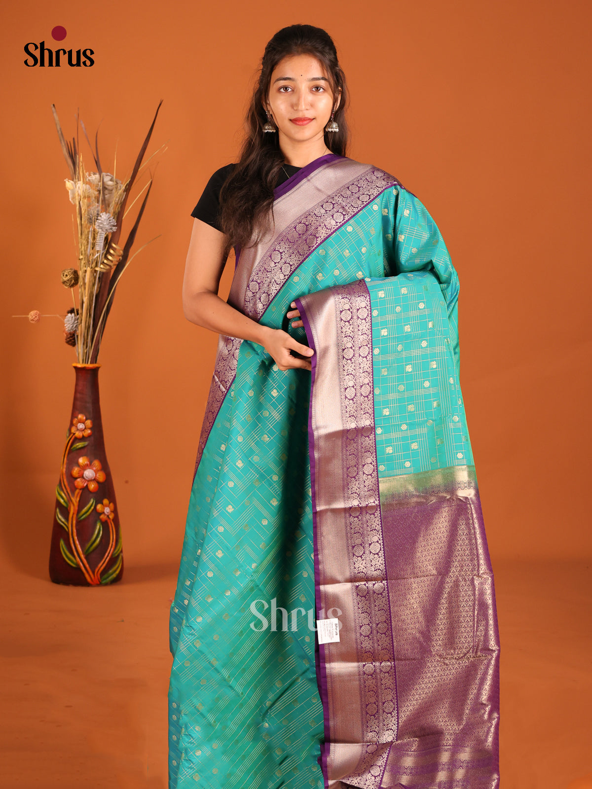 Green & Purple - Semi Kanchipuram Saree - Shop on Shrus.com