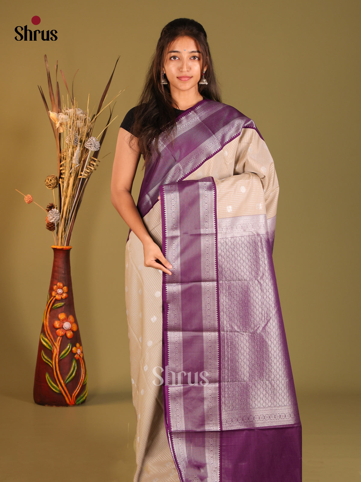 Grey & Violet- Semi Kanchipuram Saree - Shop on Shrus.com