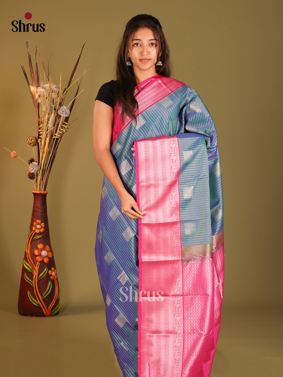 Blue & Pink - Semi Kanchipuram Saree