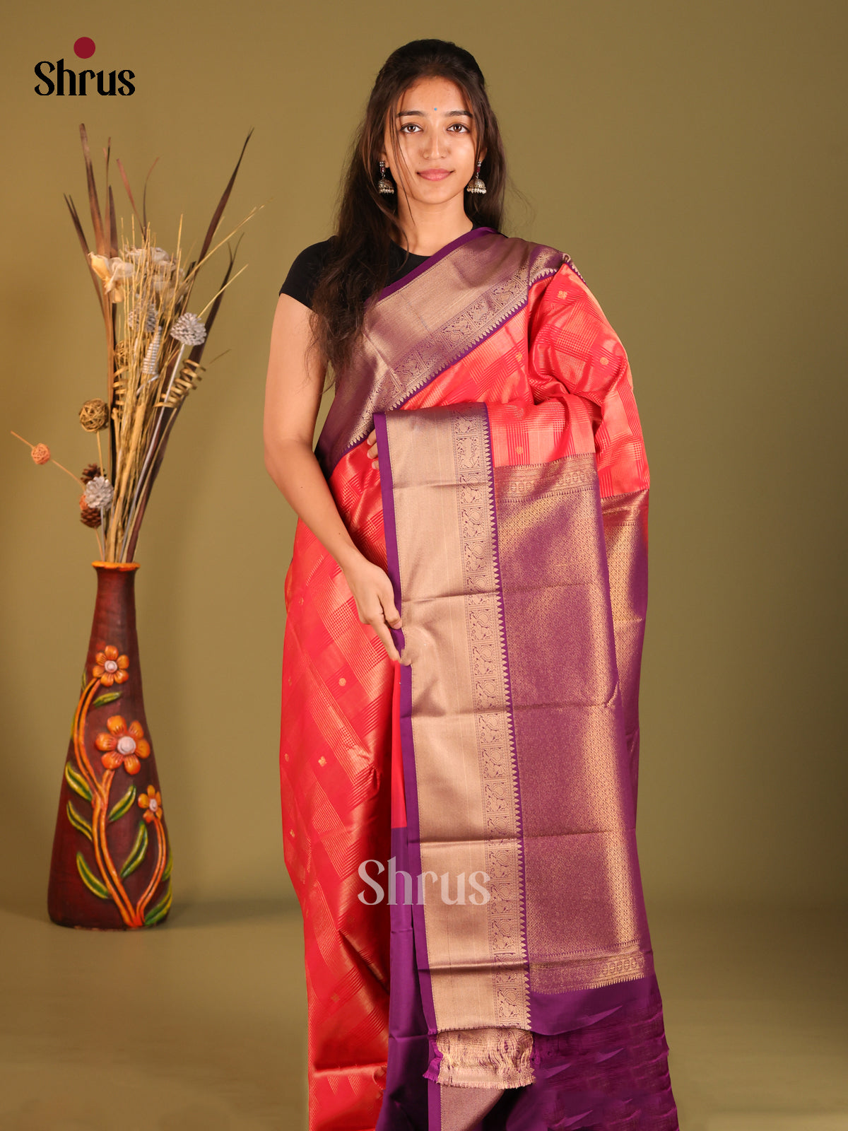 Reddish Pink & Violet - Semi Kanchipuram Saree - Shop on Shrus.com