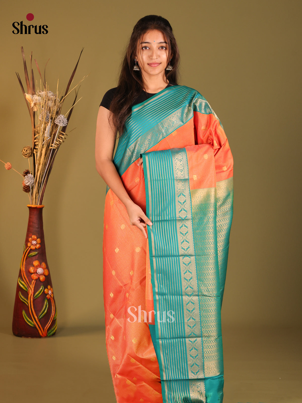 Orange & Green - Semi Kanchipuram Saree - Shop on Shrus.com