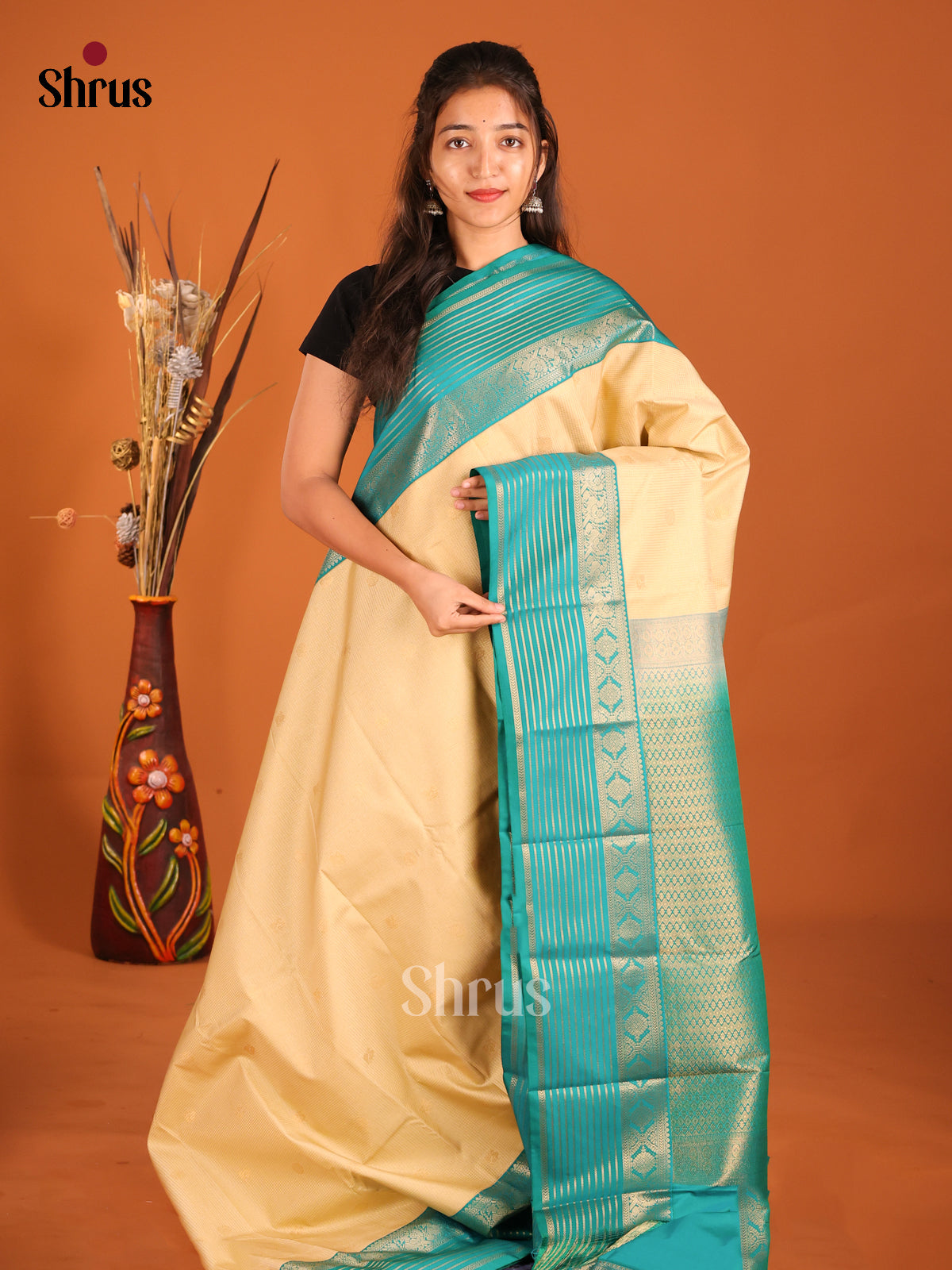 Cream & Green- Semi Kanchipuram Saree